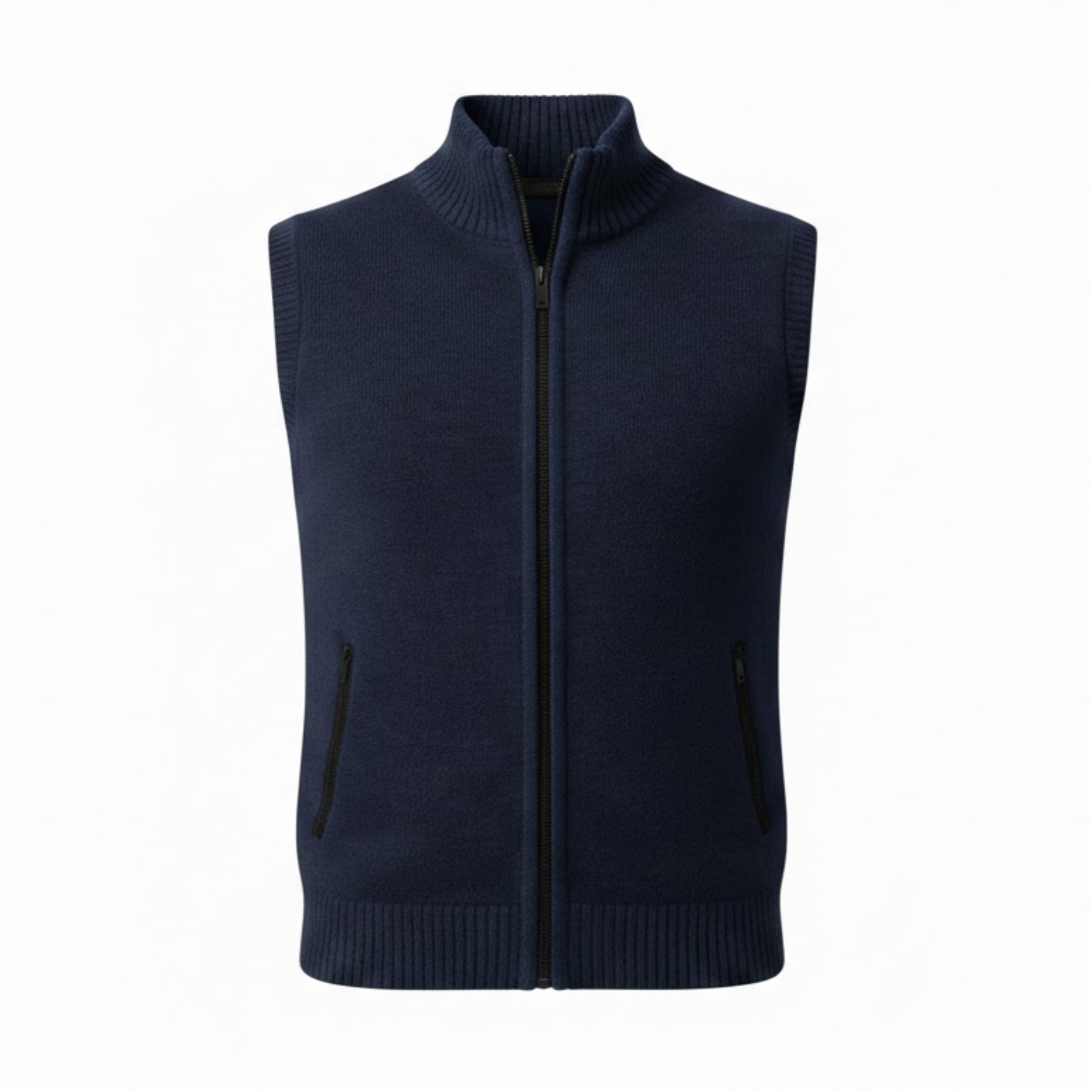 Sleeveless knitted vest with zipper and stand-up collar