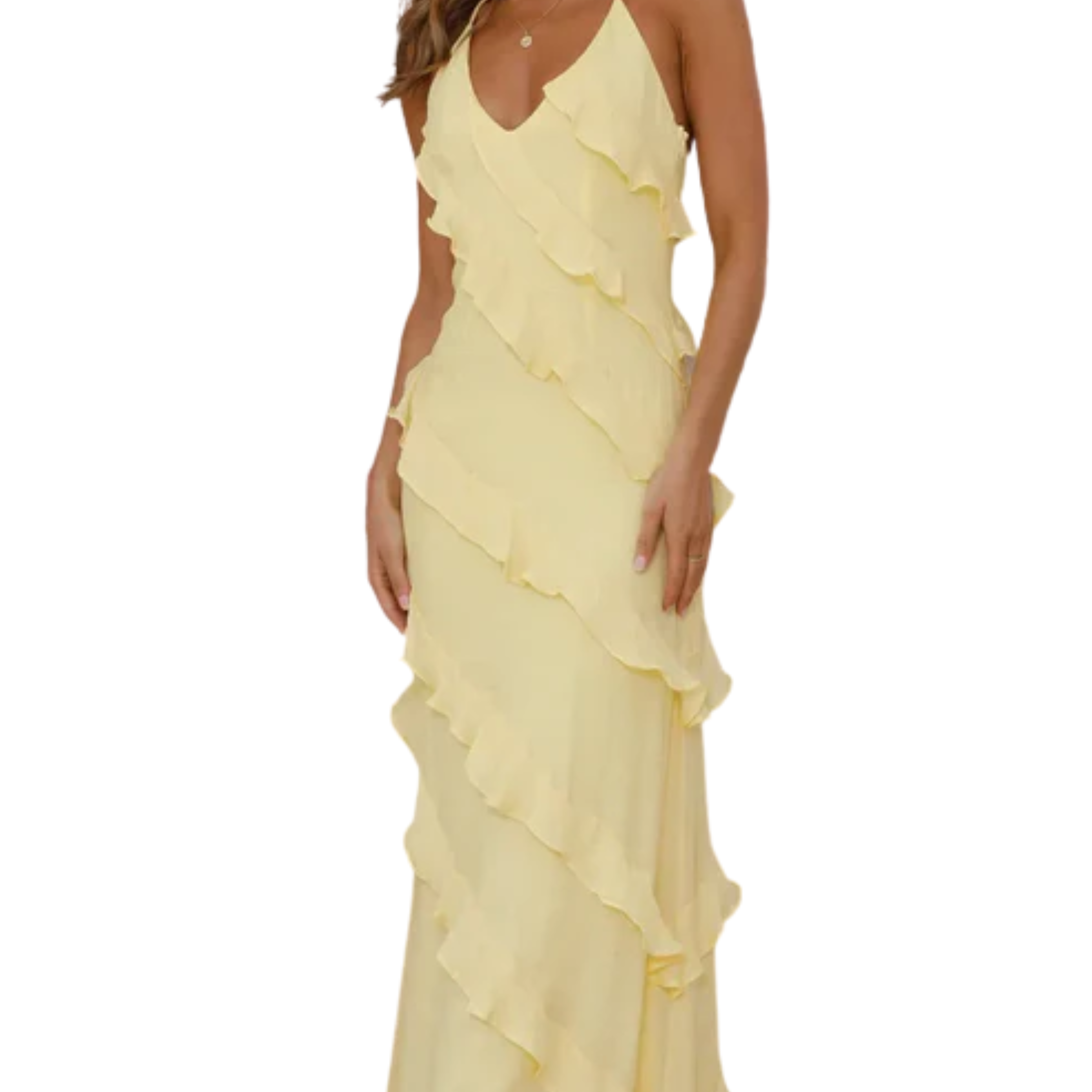 Women's tiered long dress — V halter neck for evening and party — vacation