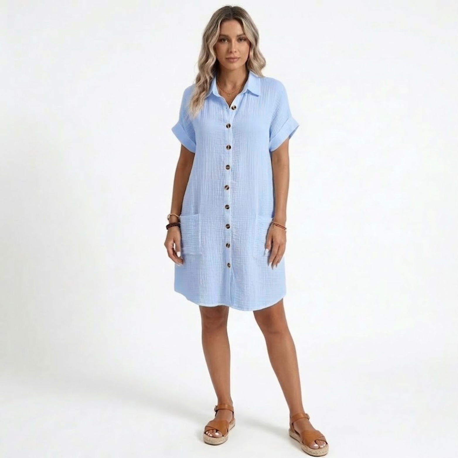 Short Cotton and Linen Dress with V-Neck and Three-Quarter Sleeves for Women