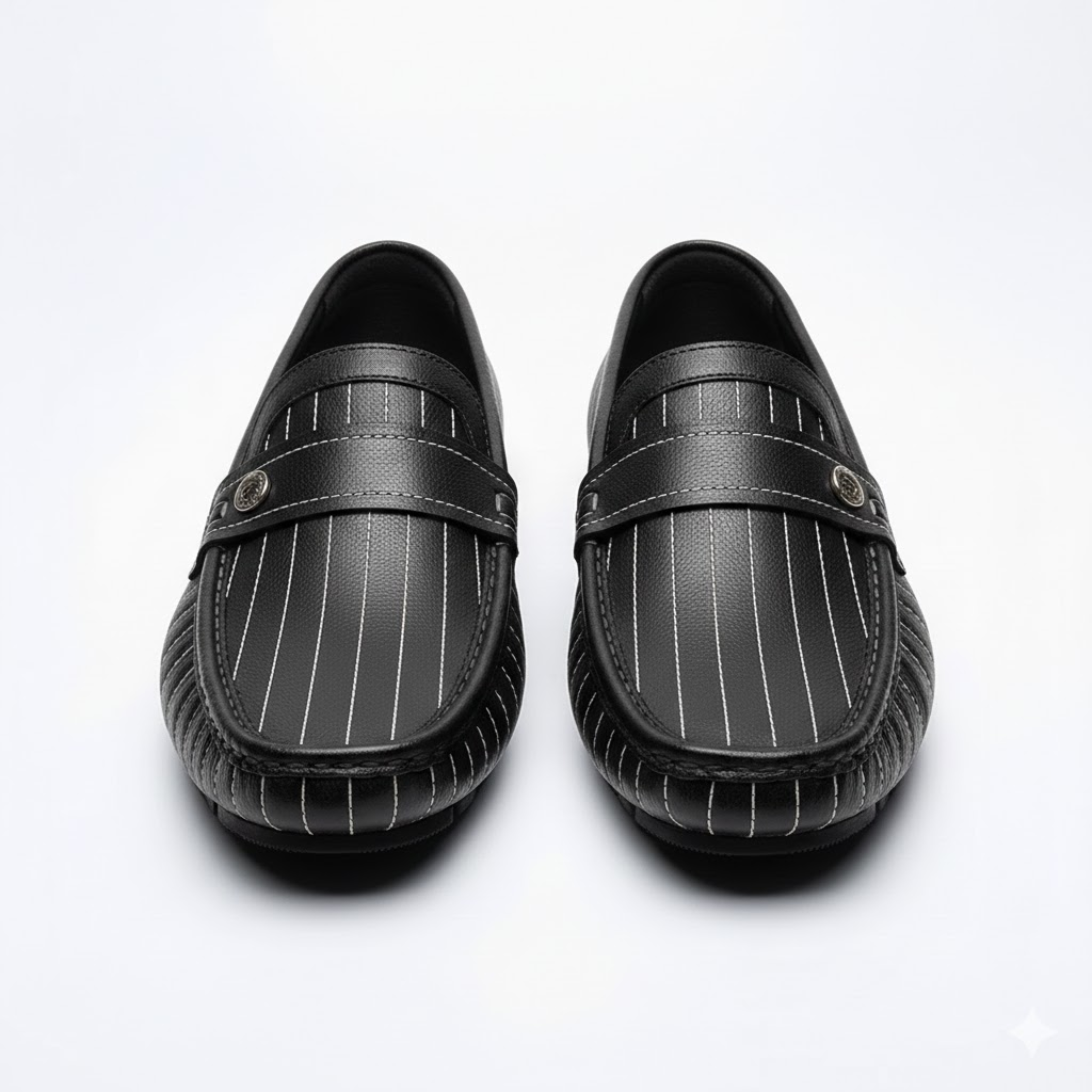 Mocassini in Vera Pelle da Uomo a Righe con Bottone Decorativo e Slip-On
