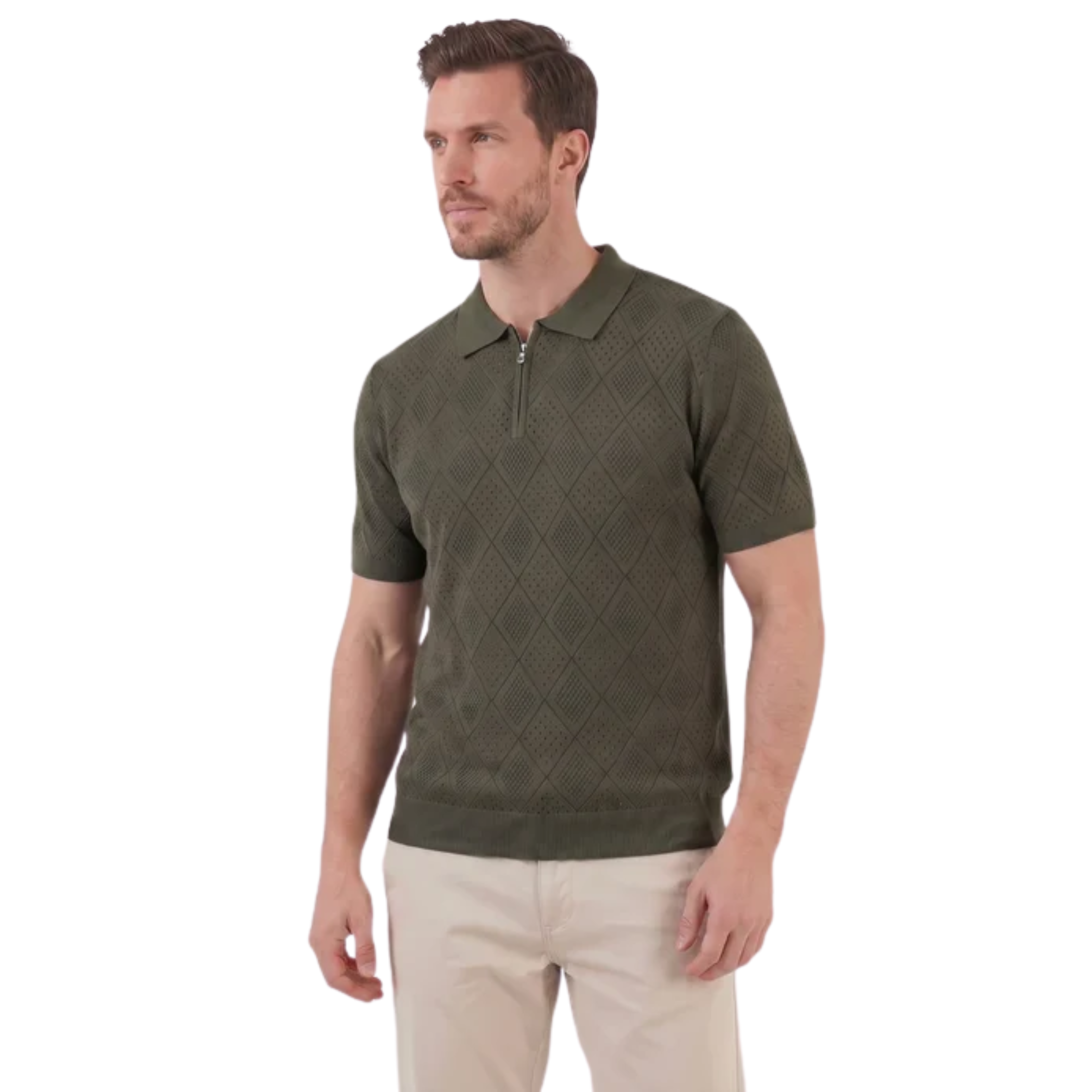 Polo masculino em malha aberta com fecho éclair — viagem