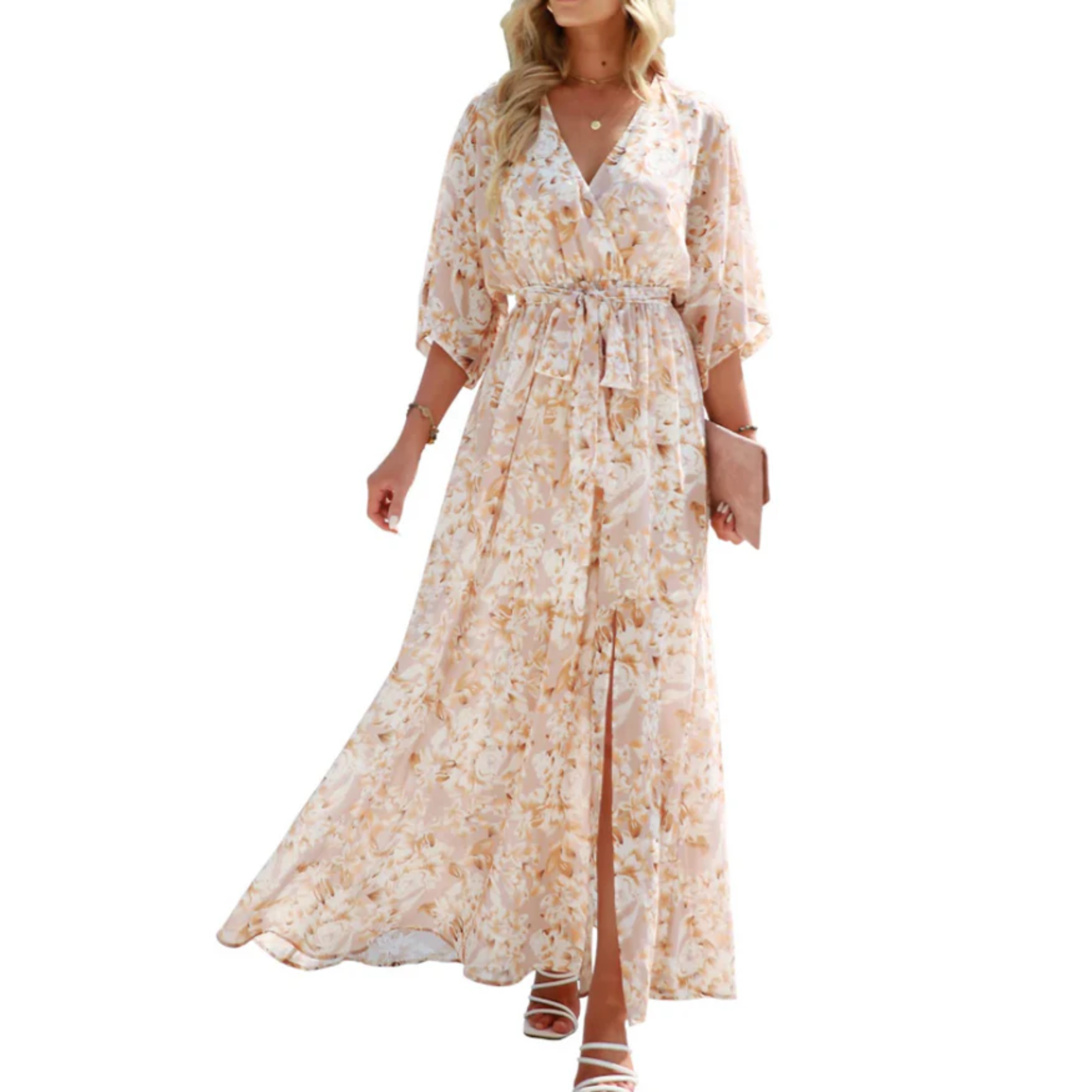 Maxi kimono kjole med blomster — boheme stil — sommerferie