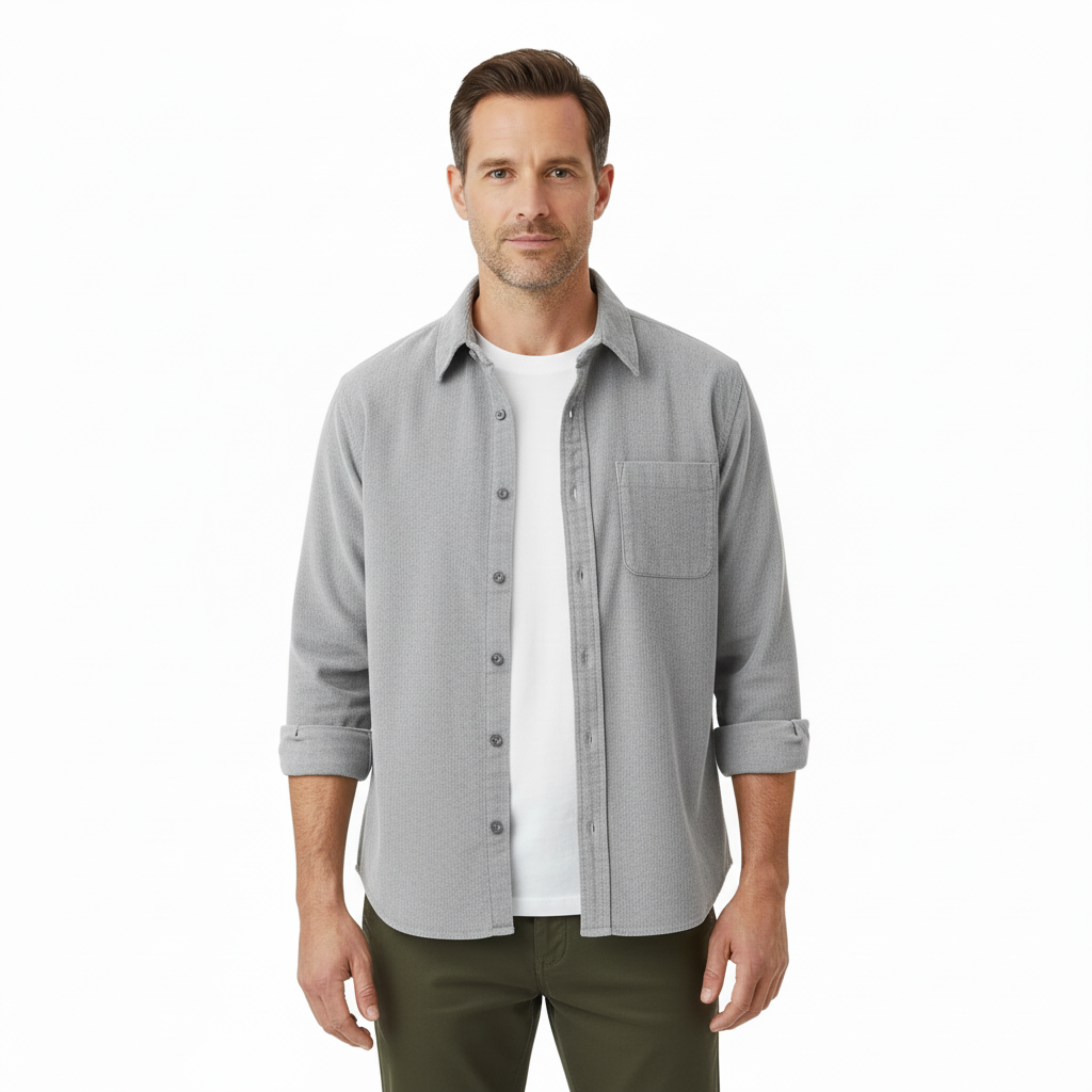 Camisa Retro de Terciopelo Pana de Manga Larga para Hombre con Bolsillo en el Pecho