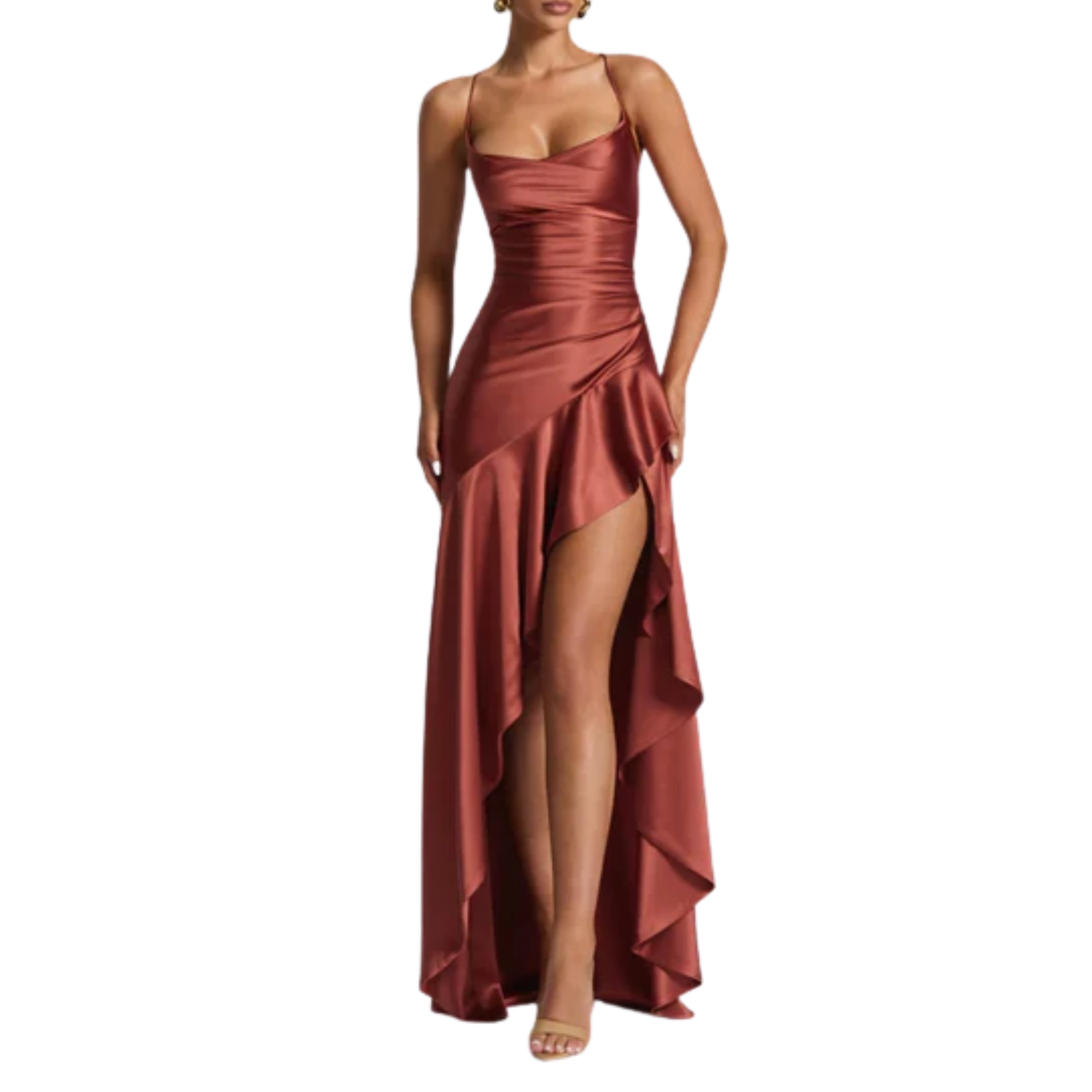 Vestido largo de mujer — satén con dobladillo asimétrico y volantes | noche elegante