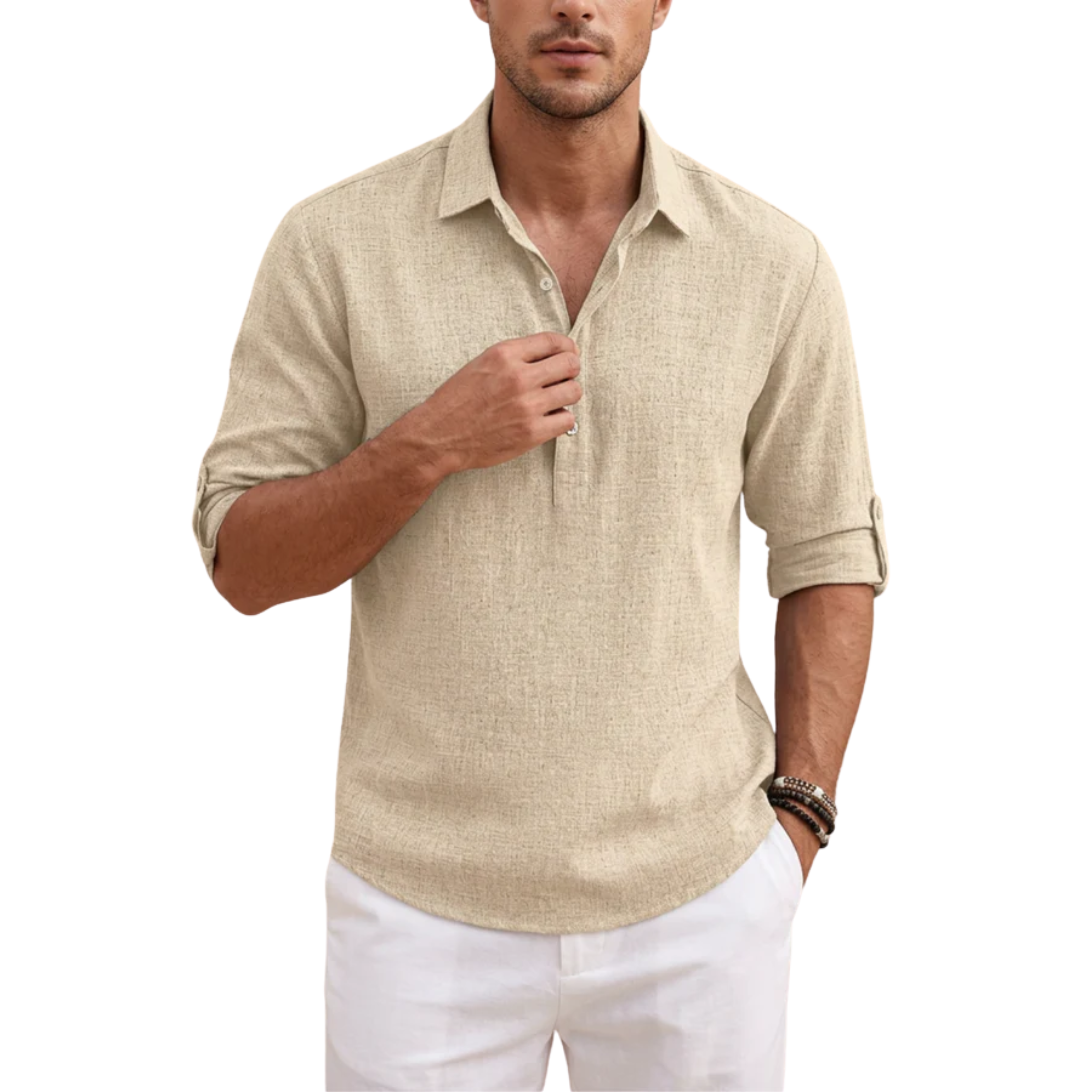 Men's short-sleeve polo — breathable linen blend — vacation