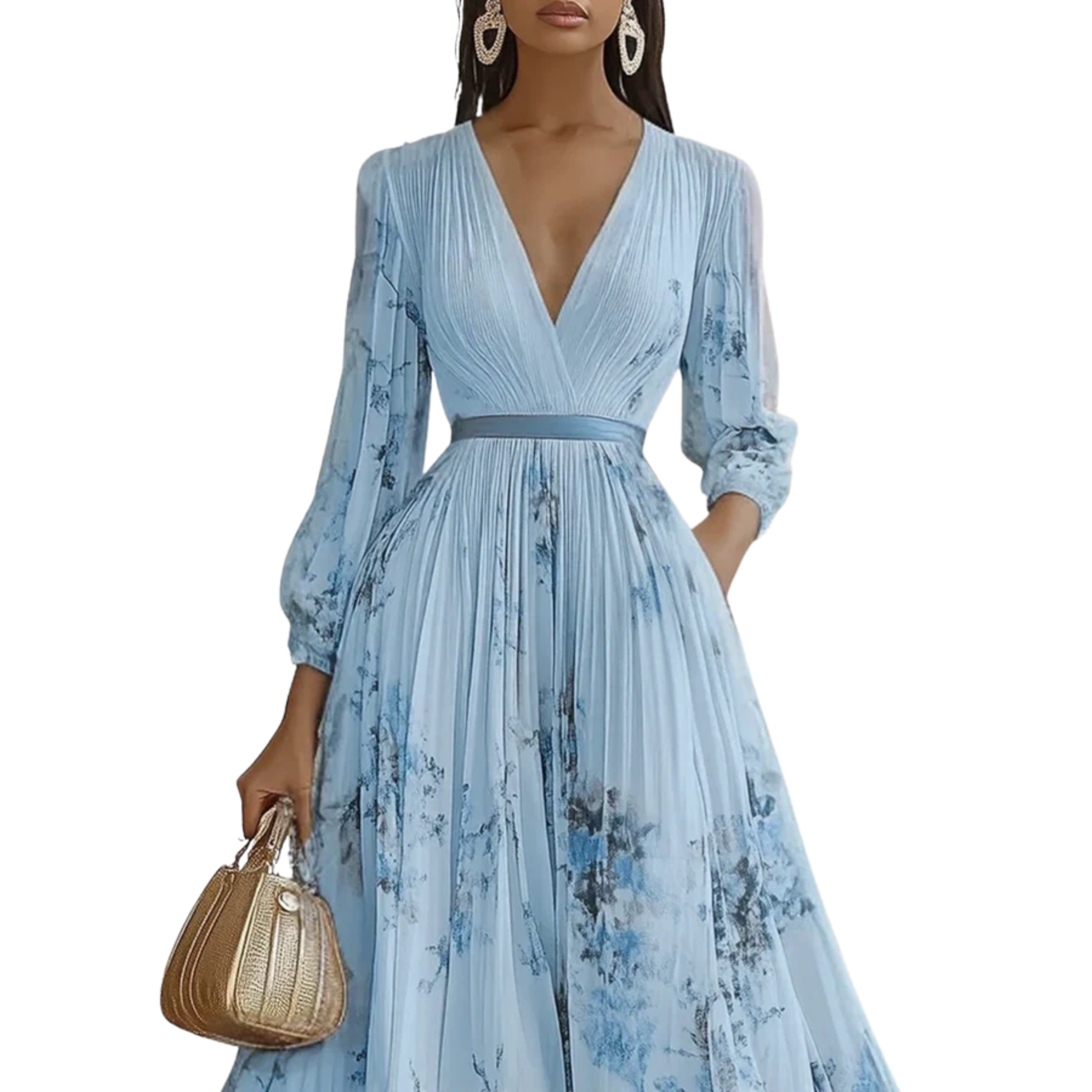 Mid-length floral dress — V-neck and pleated skirt with pockets — vacation