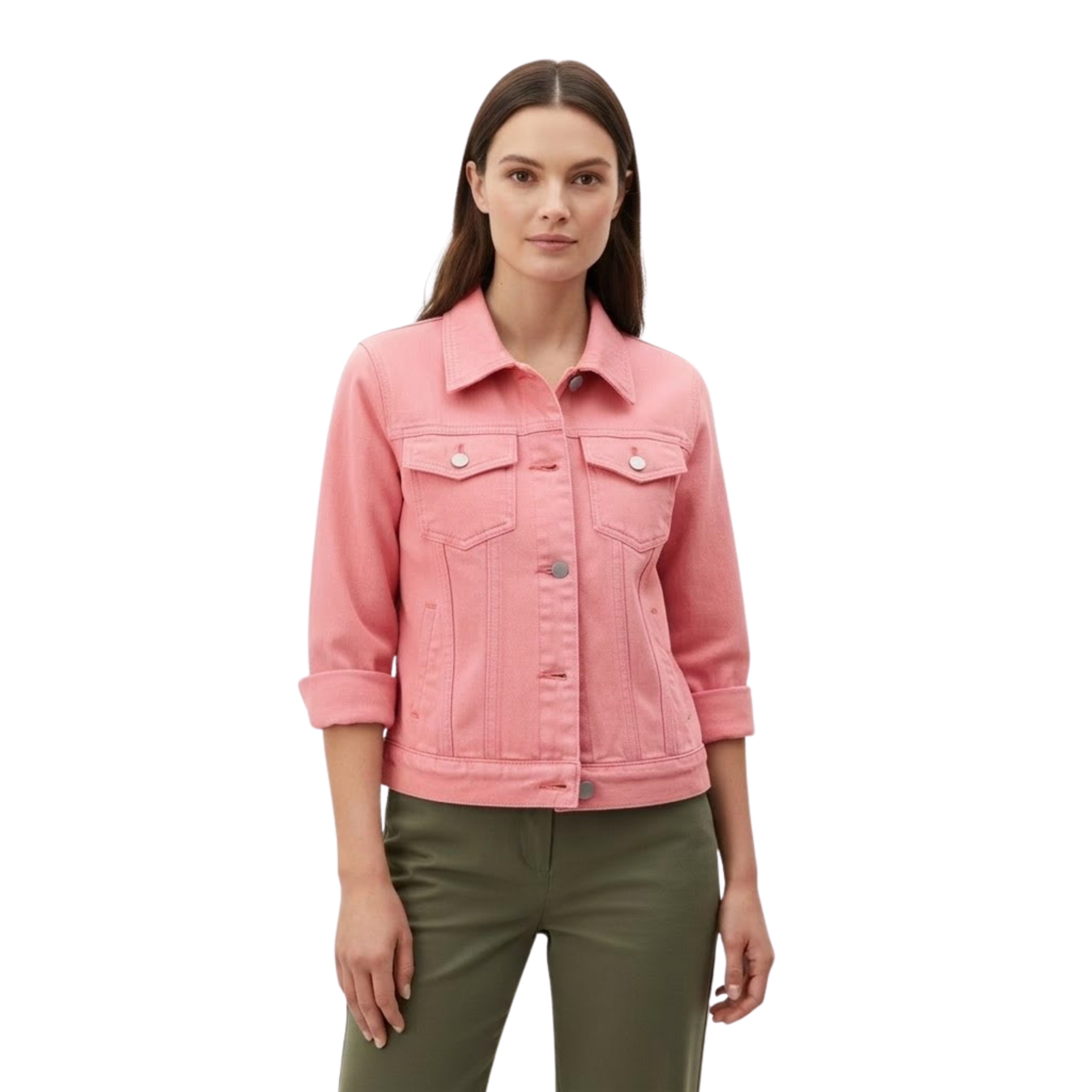 Short Denim Jacket with Buttons and Chest Pockets for Women