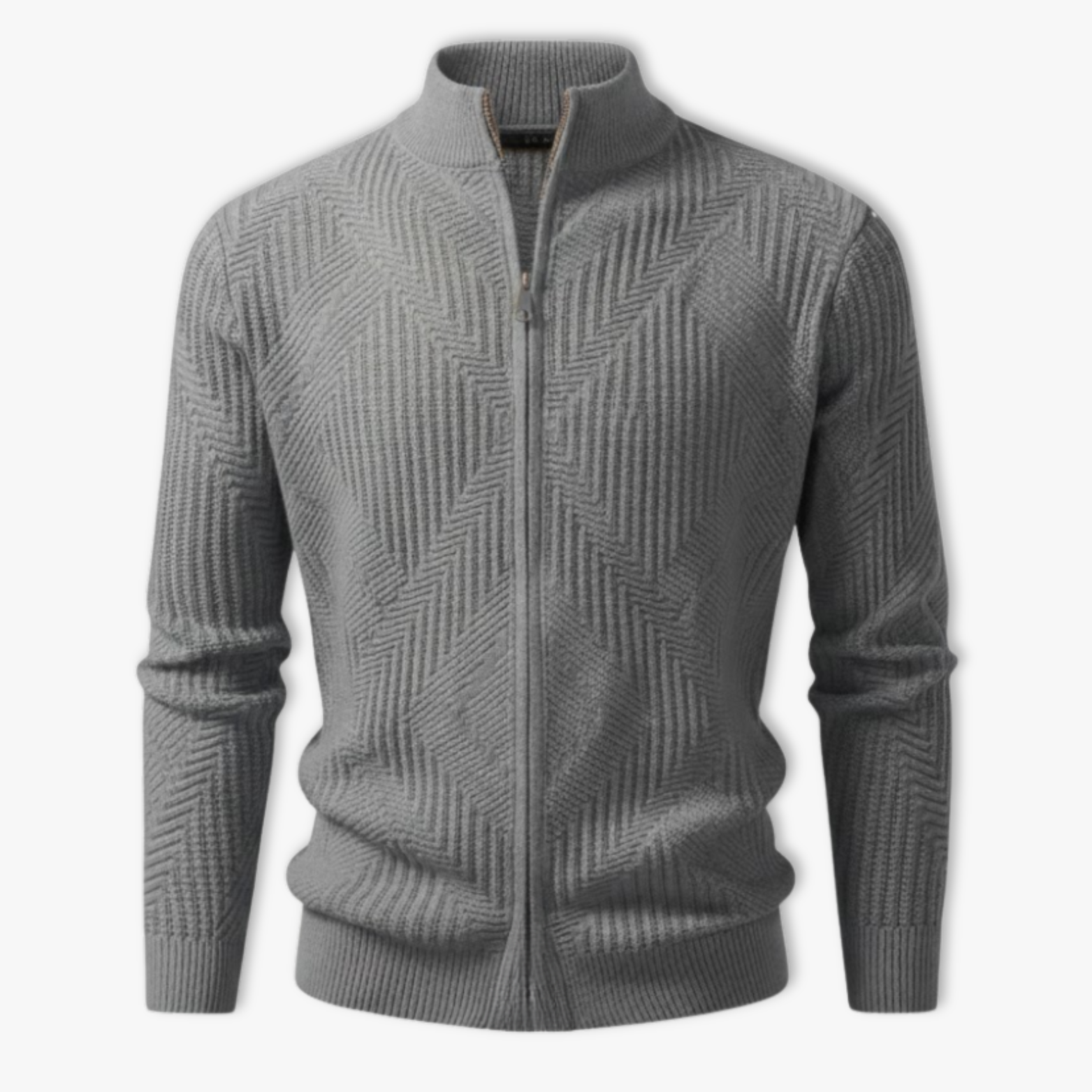 Men's knitted jacket with geometric patterns and protective stand-up collar