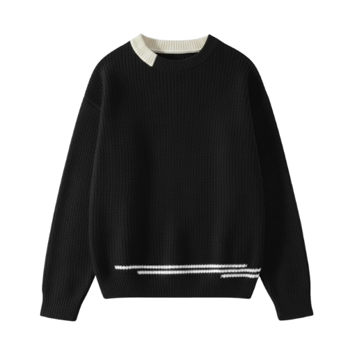 Men's Korean Round Neck Fitted Sweater with Patchwork Details