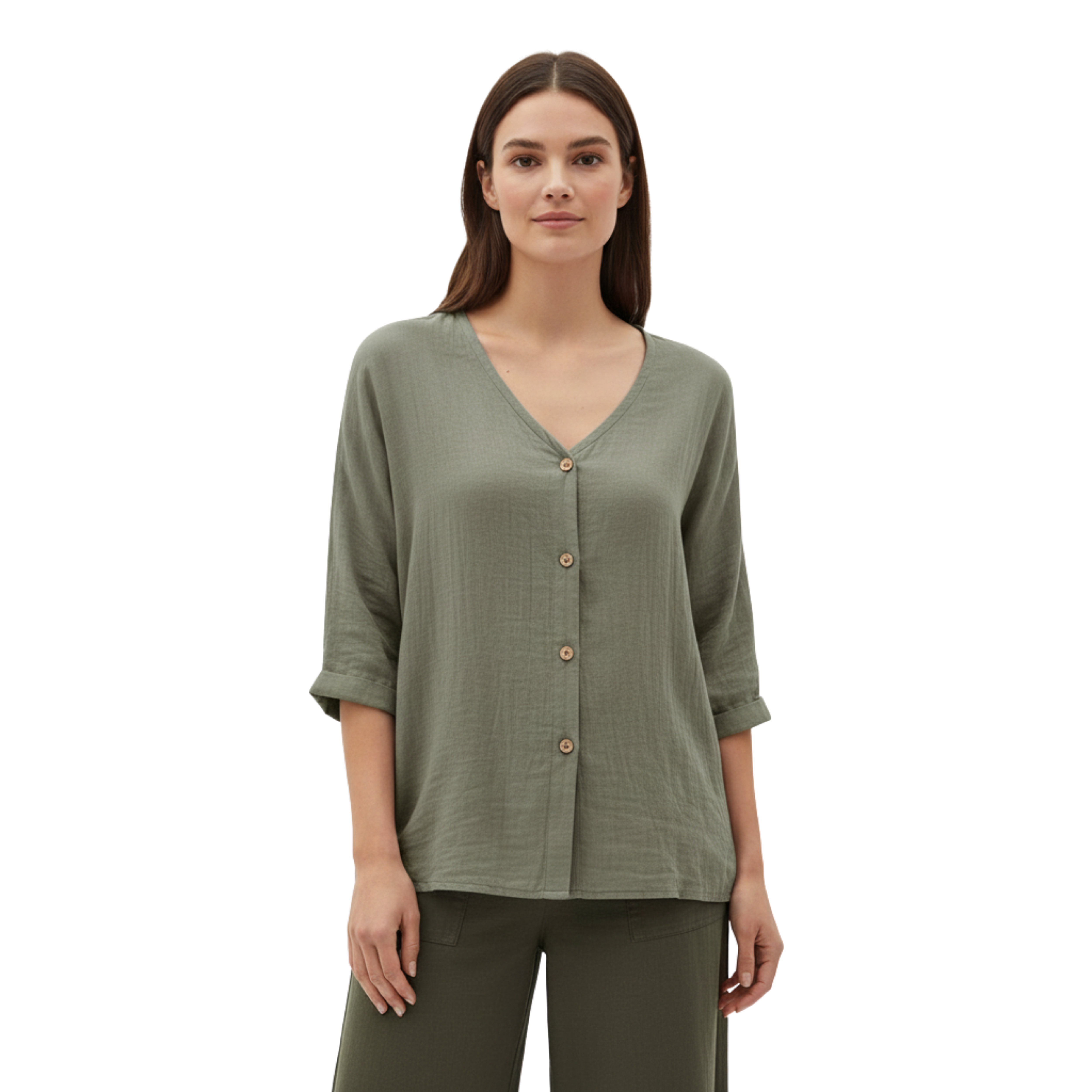 Blusa da donna con scollo a V, bottoni e maniche 3/4 in lino e cotone