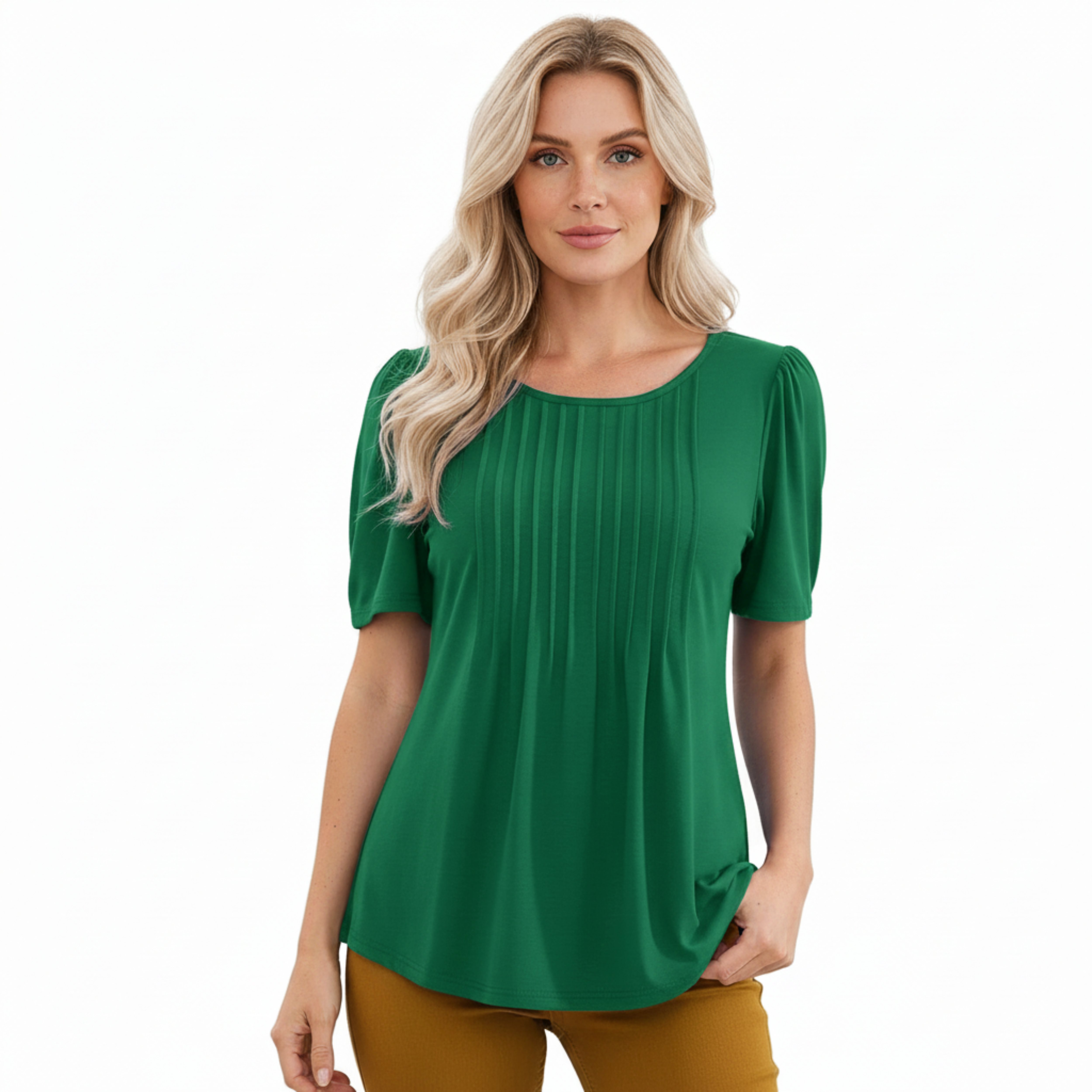 Camiseta de manga corta para mujer con cuello redondo acampanado y detalles plisados