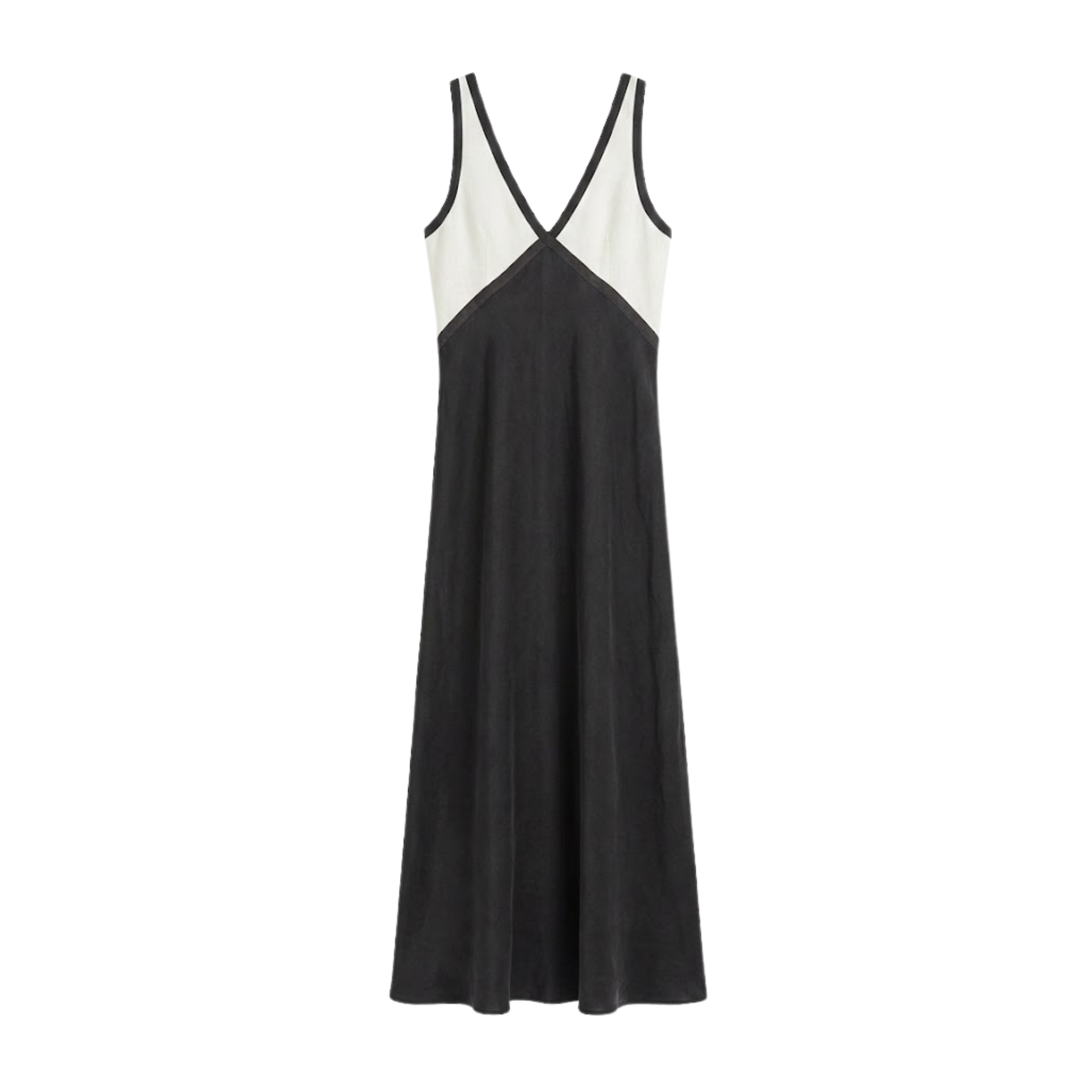 Abito lungo in satin senza maniche con scollo a V e design a contrasto