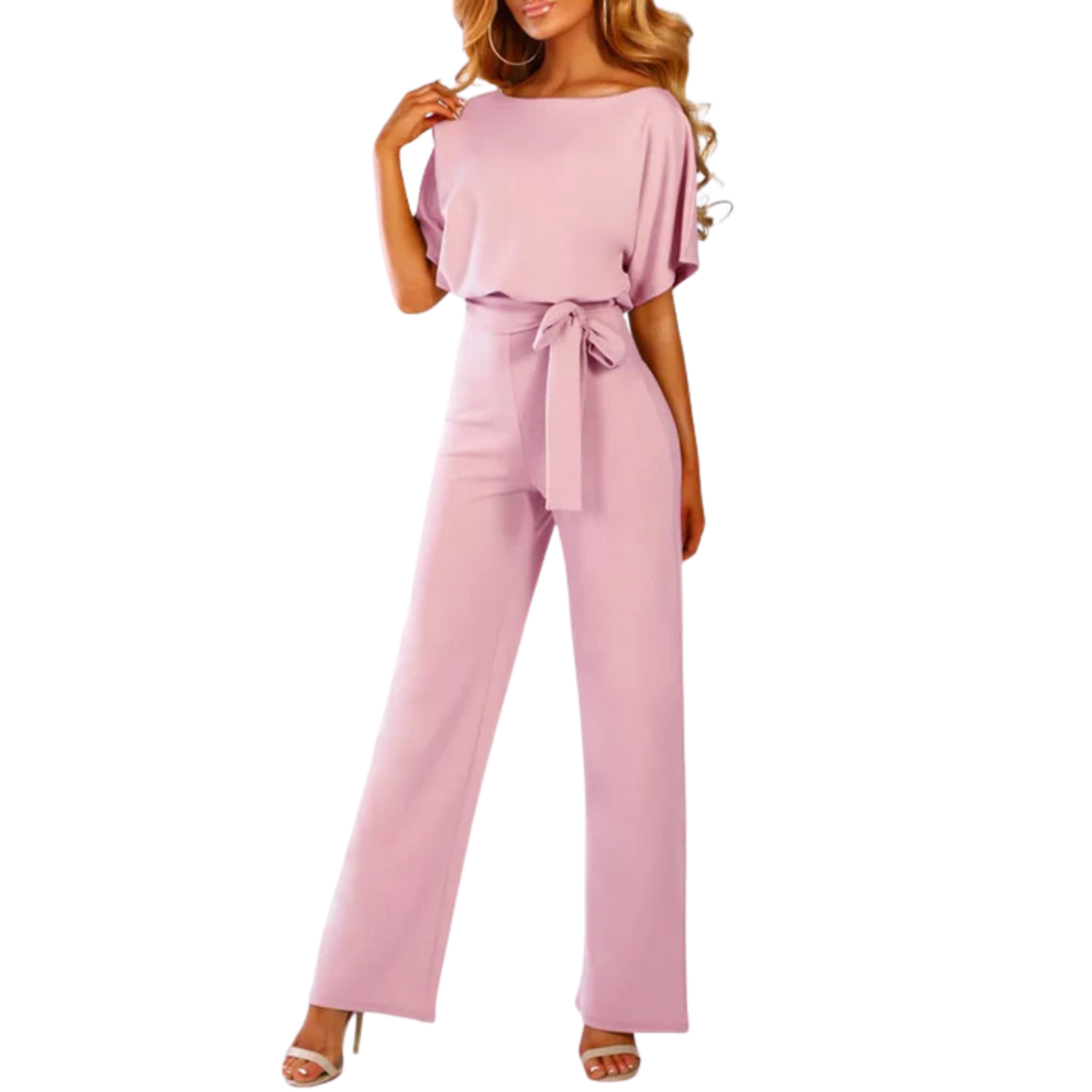 Women's wide-leg jumpsuit — with belt and short sleeves — beach