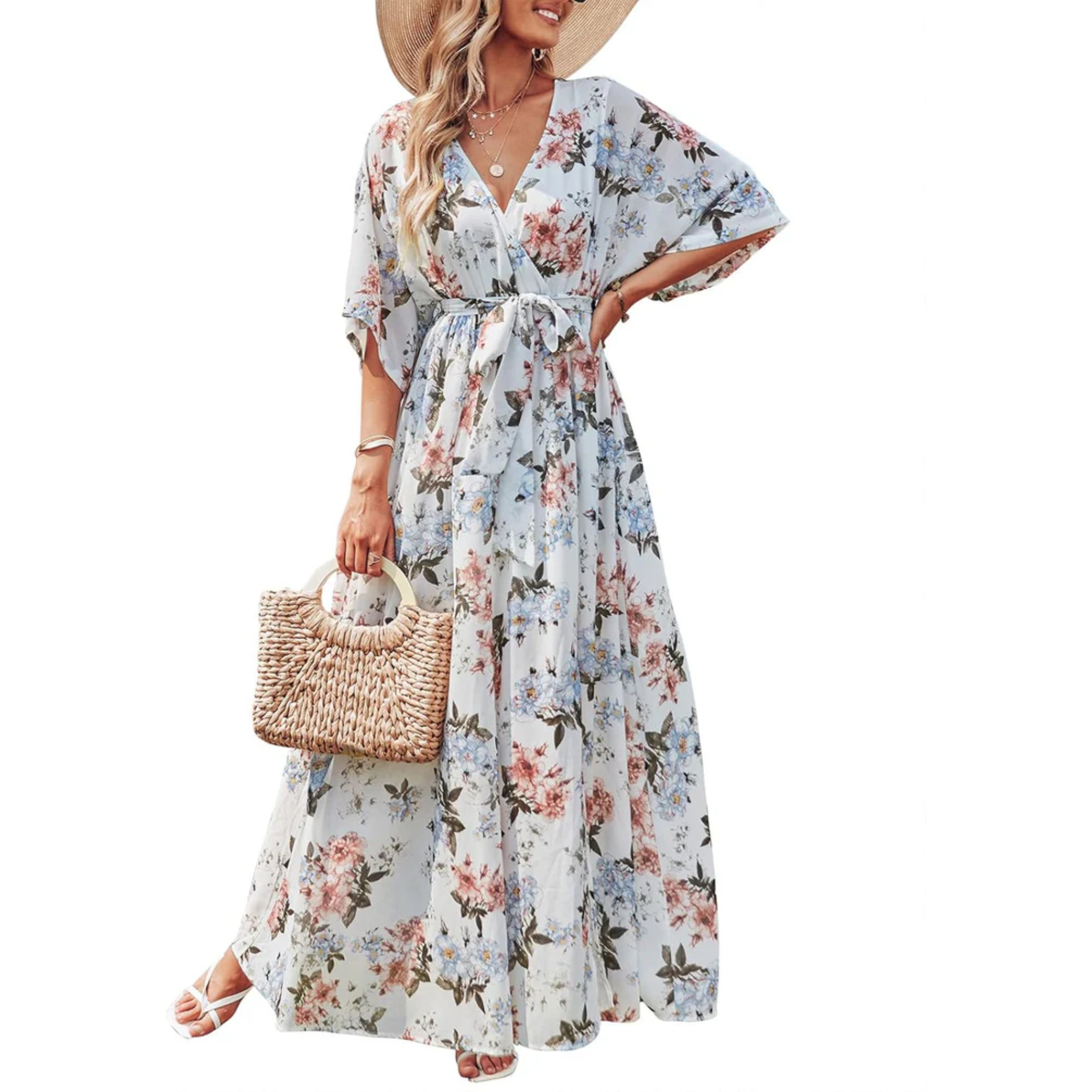 Maxi kimono kjole med blomster — boheme stil — sommerferie