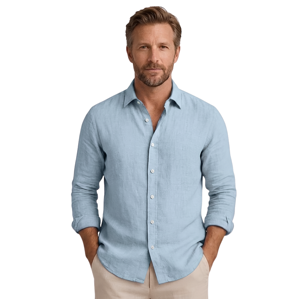 Men's Long-Sleeve Linen Shirt with Classic Collar and Relaxed Fit