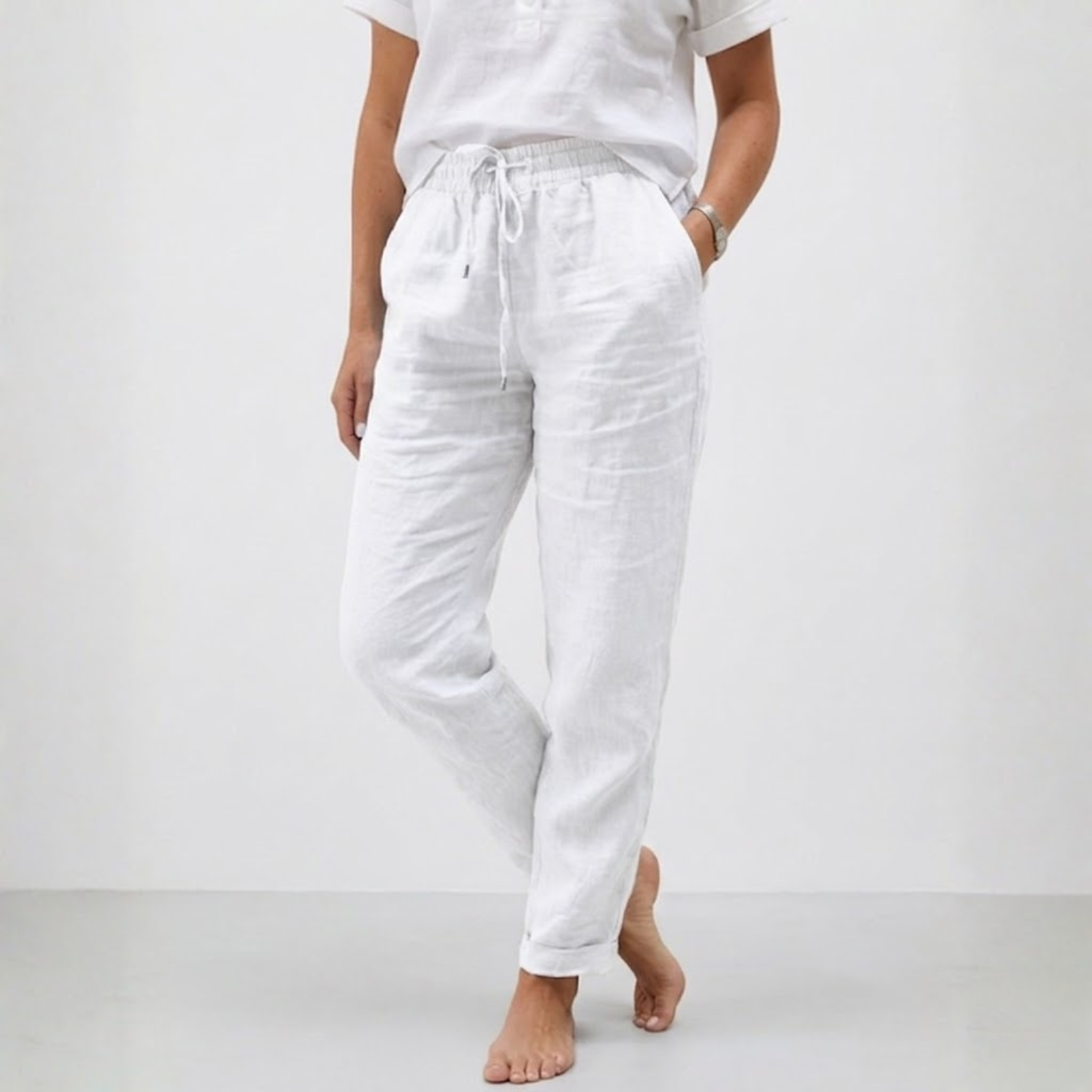 Pantalon en Coton et Lin à Taille Haute Élastique et Coupe Décontractée pour Femme