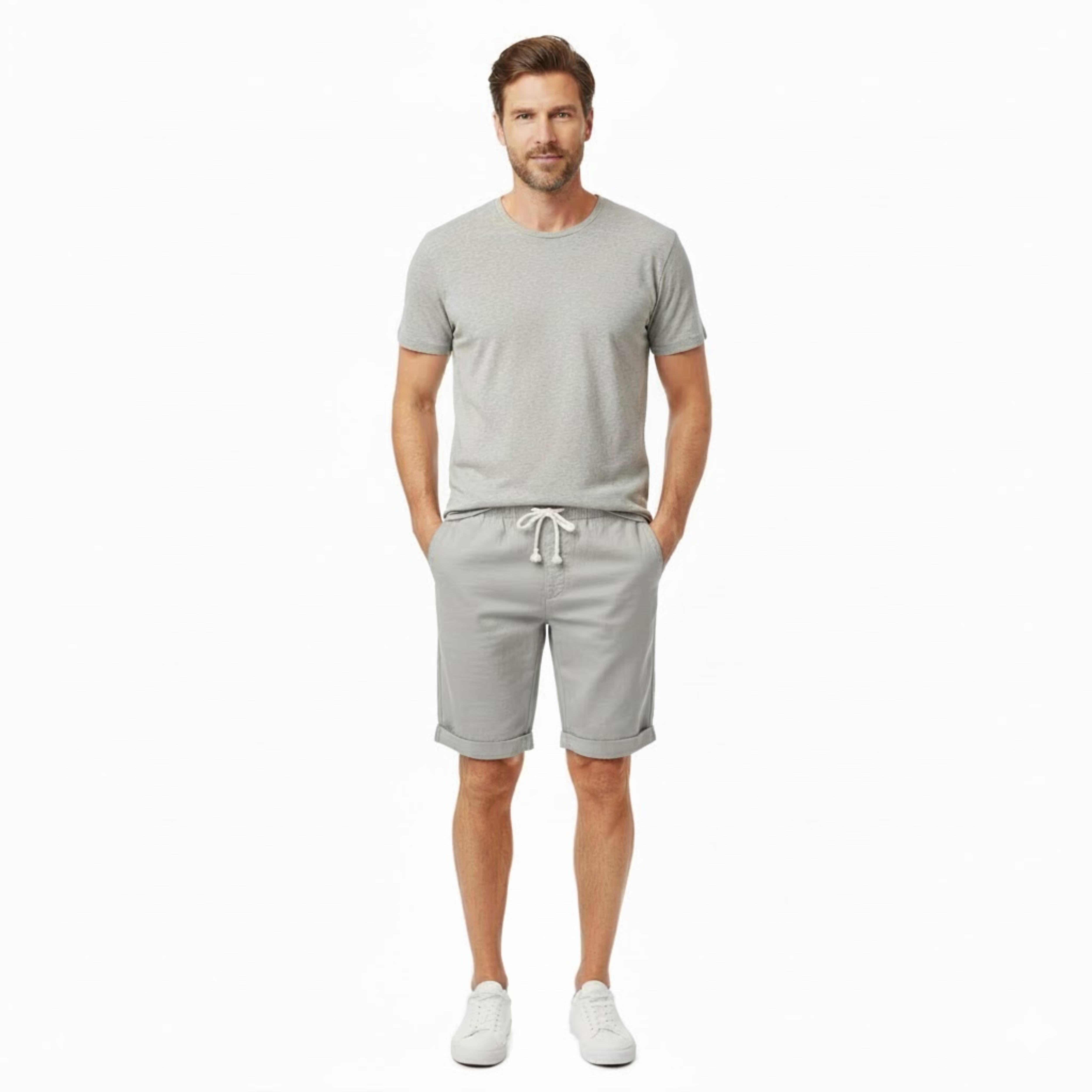 Shorts für Herren aus 100 % Leinen mit elastischem Bund und Kordelzug, gerade geschnitten