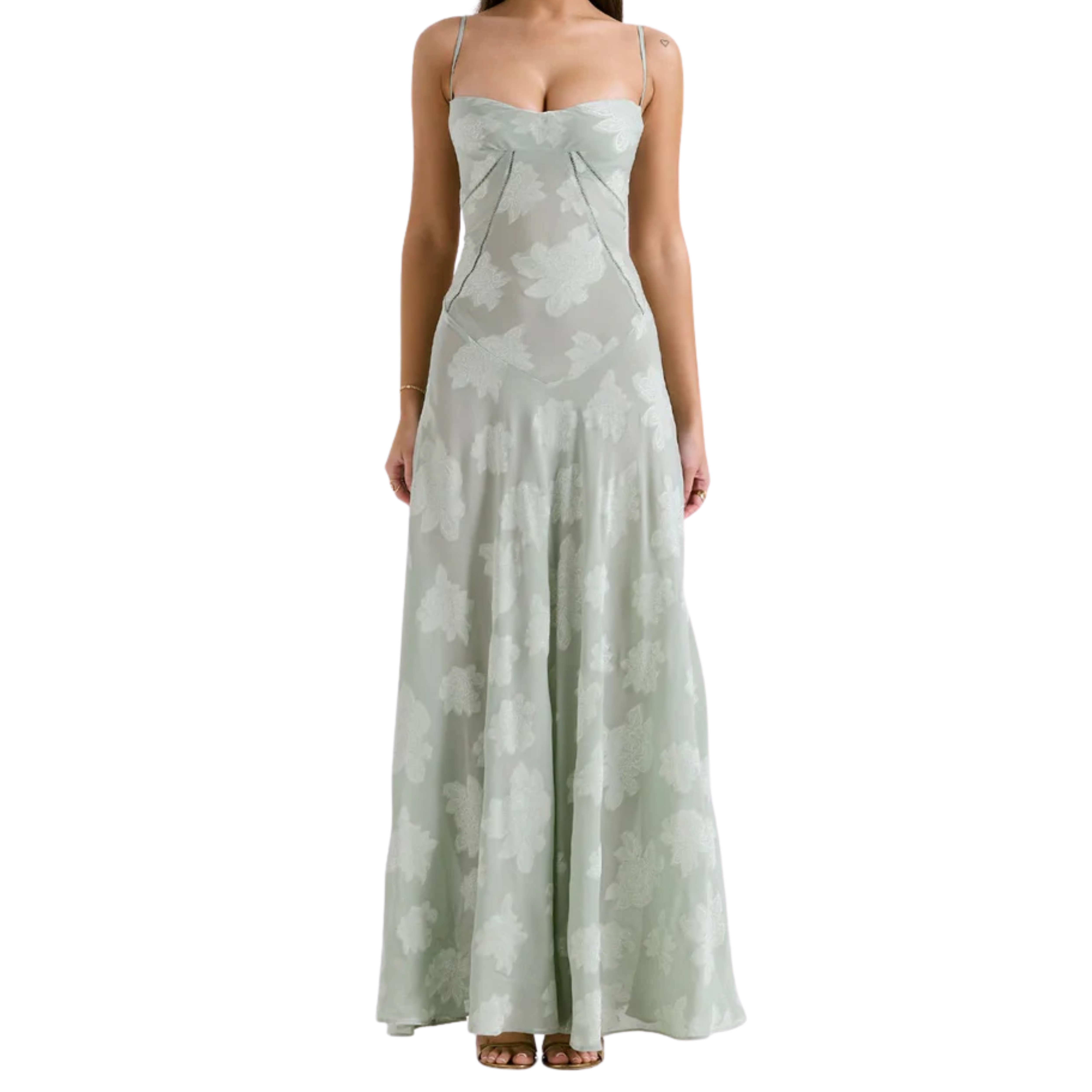 Vestido de noche largo con corsé, bordados florales y corte evasé para mujer