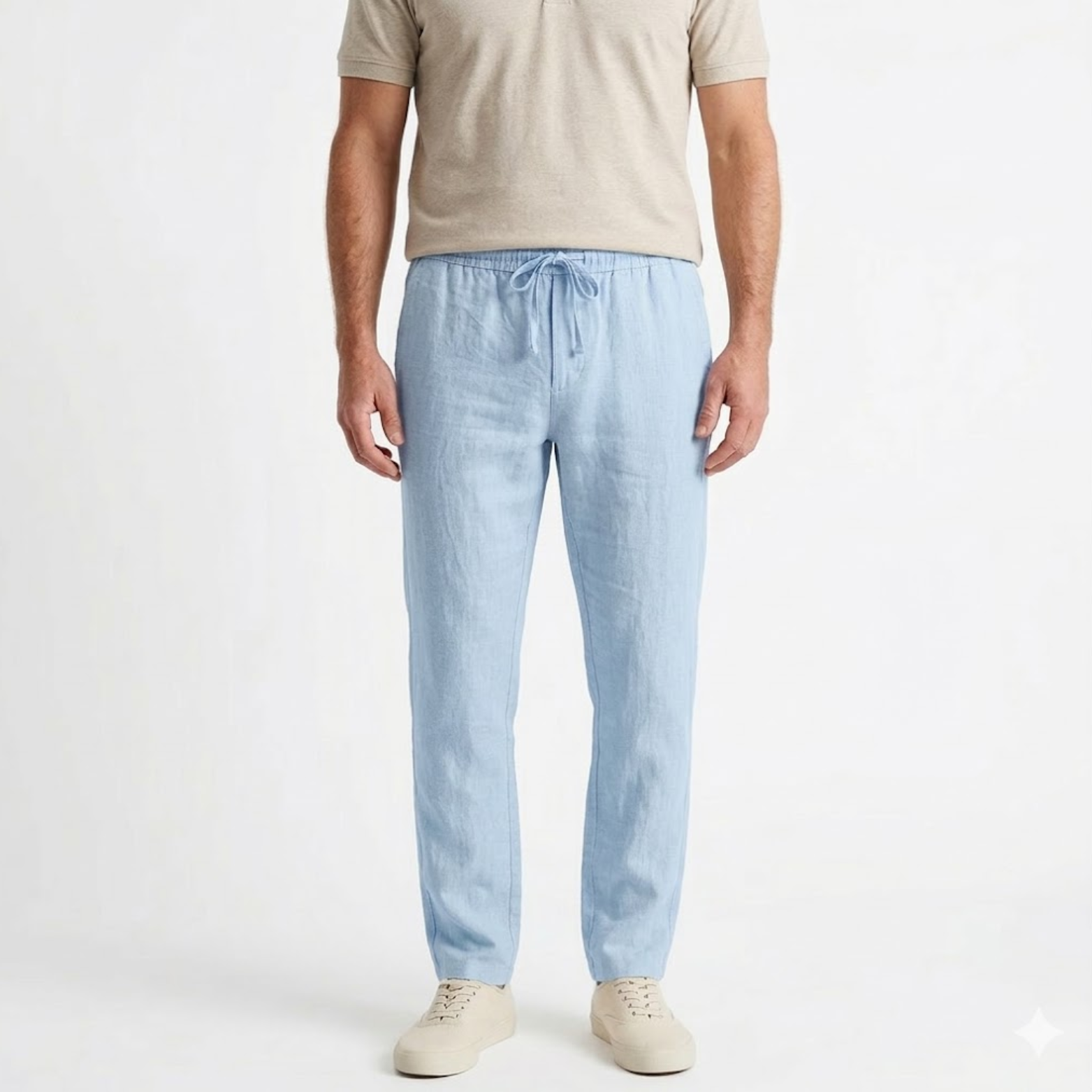 Pantaloni bărbați din bumbac și in cu talie elastică și șnur de strângere