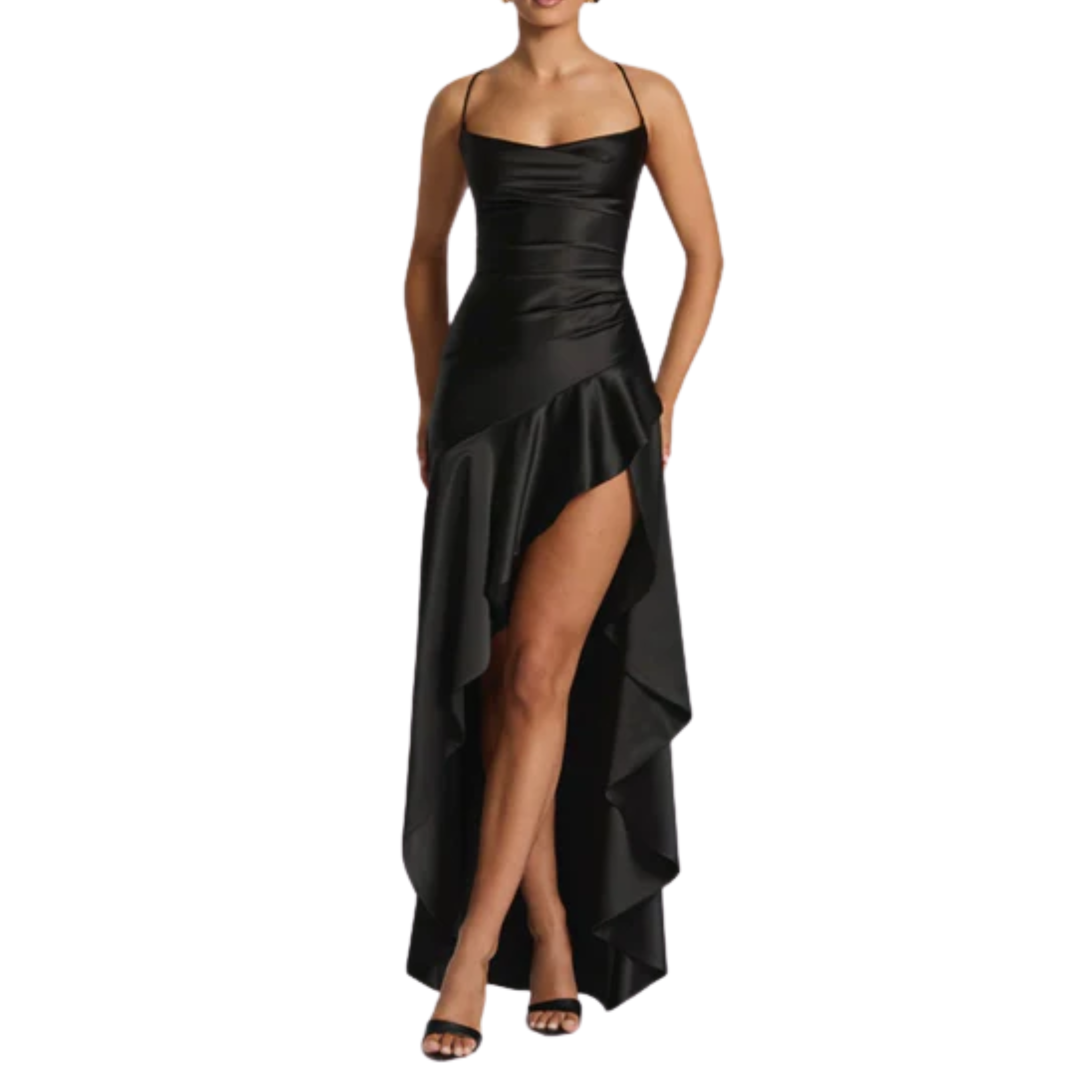 Vestido largo de mujer — satén con dobladillo asimétrico y volantes | noche elegante