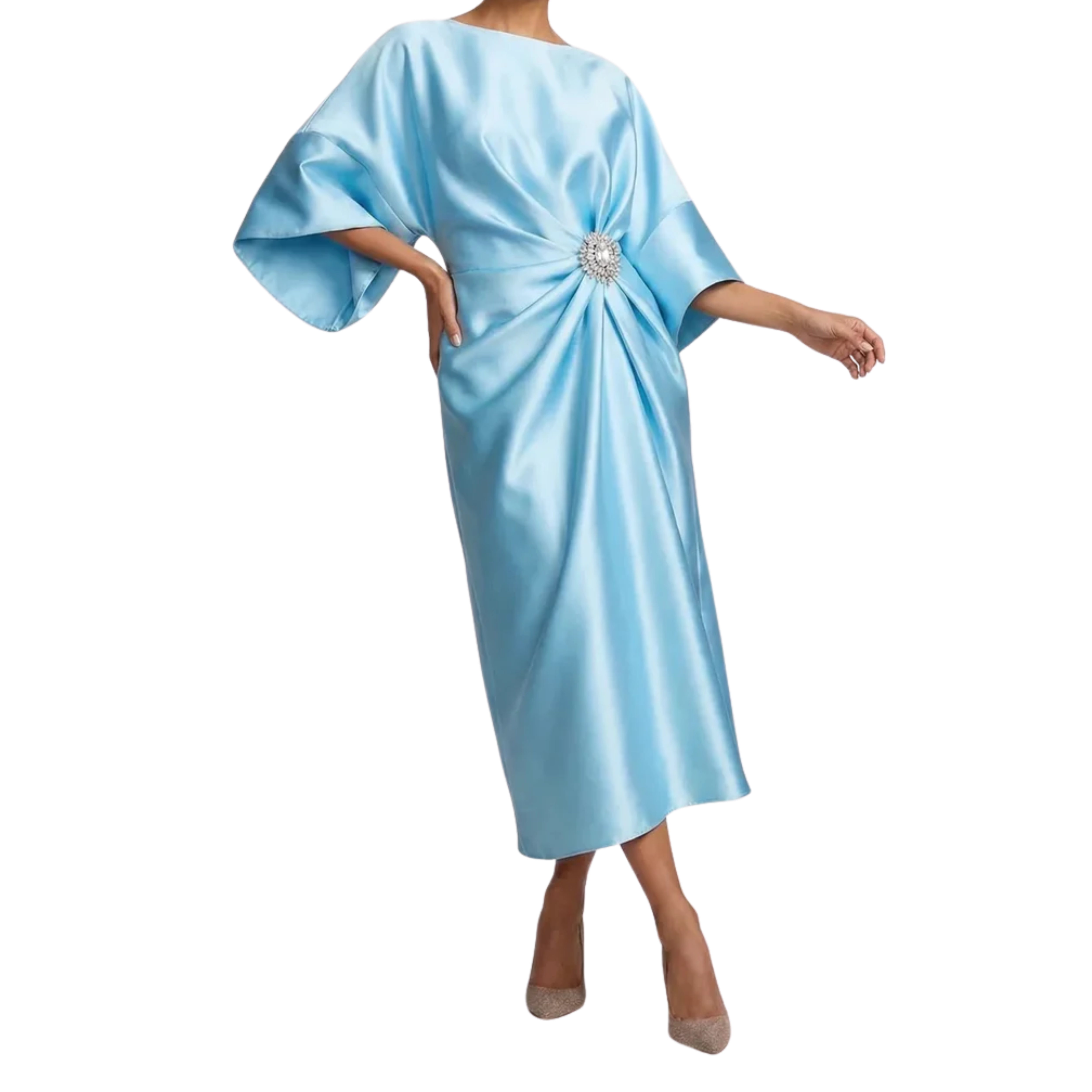 Vestido de Noche Midi Satinado para Invitada de Boda con Mangas Murciélago