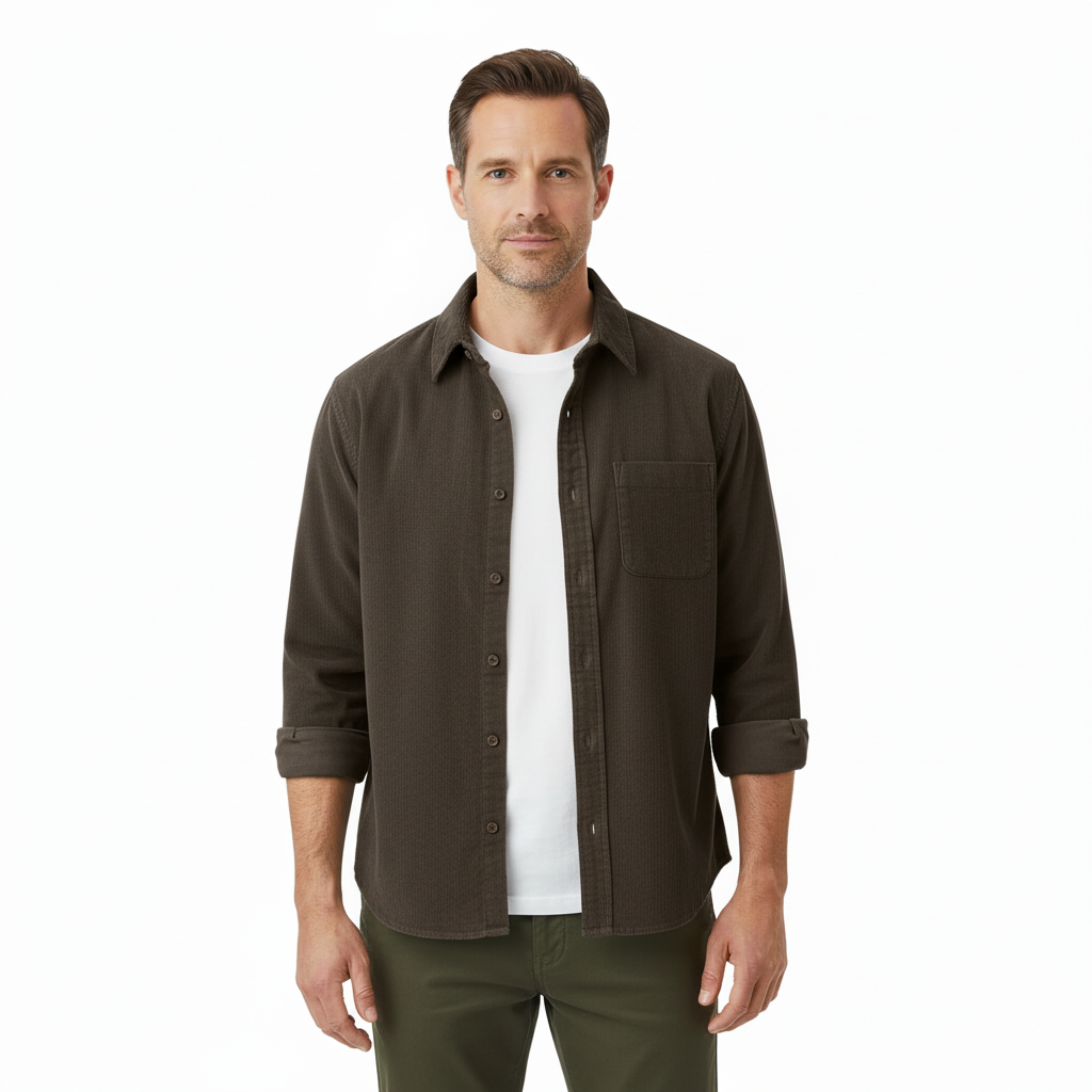 Camisa Retro de Terciopelo Pana de Manga Larga para Hombre con Bolsillo en el Pecho