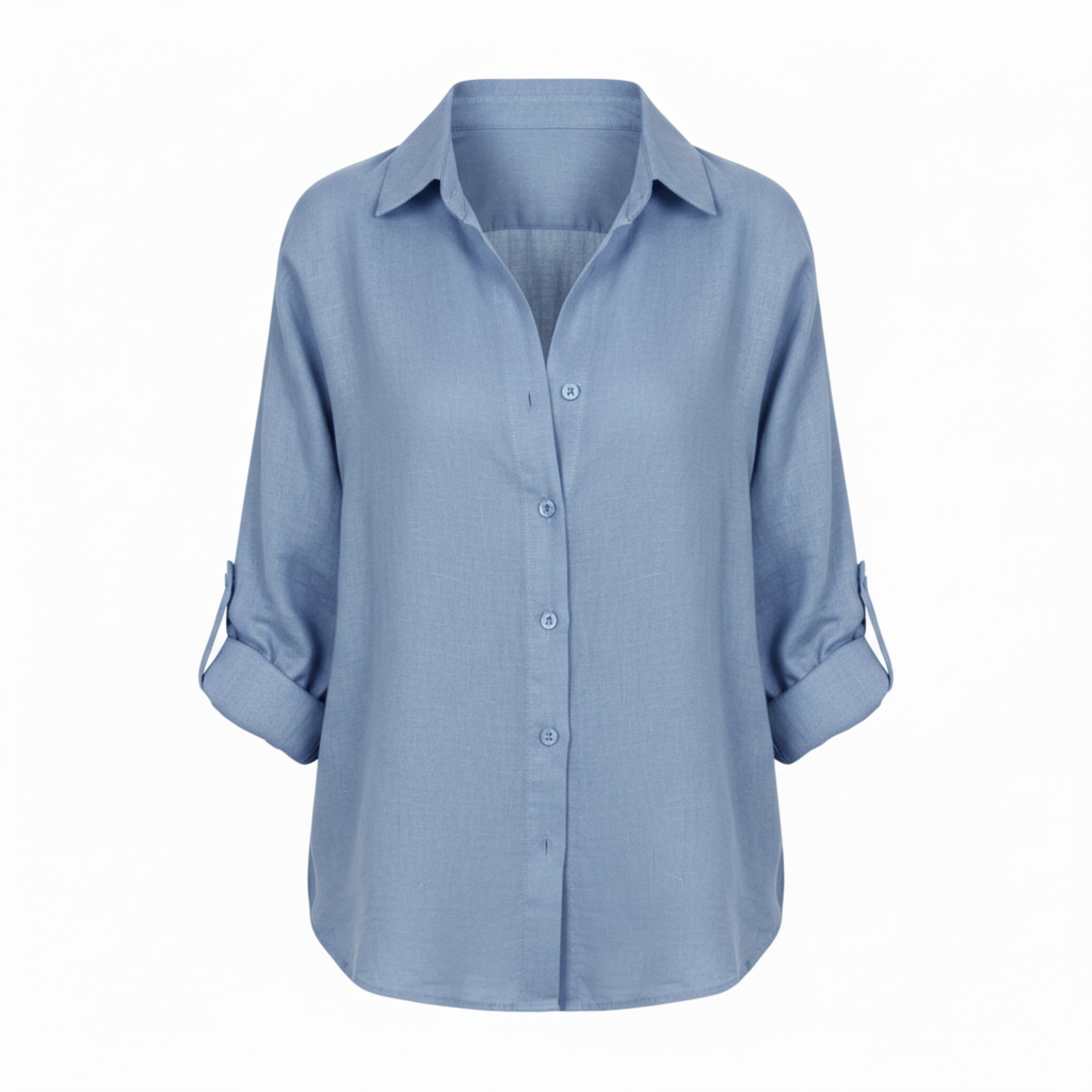 Loose casual button-up shirt for women with three-quarter sleeves and split neckline