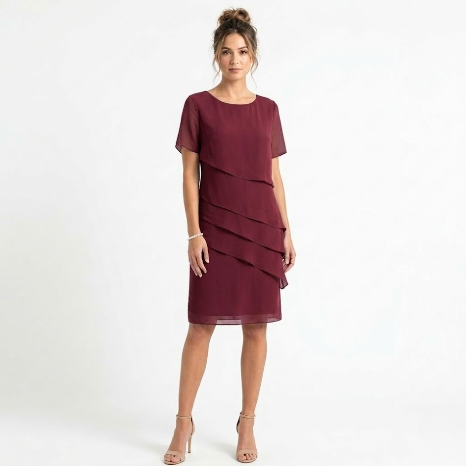 Robe de Soirée Élégante en Mousseline à Volants Superposés et Col Rond