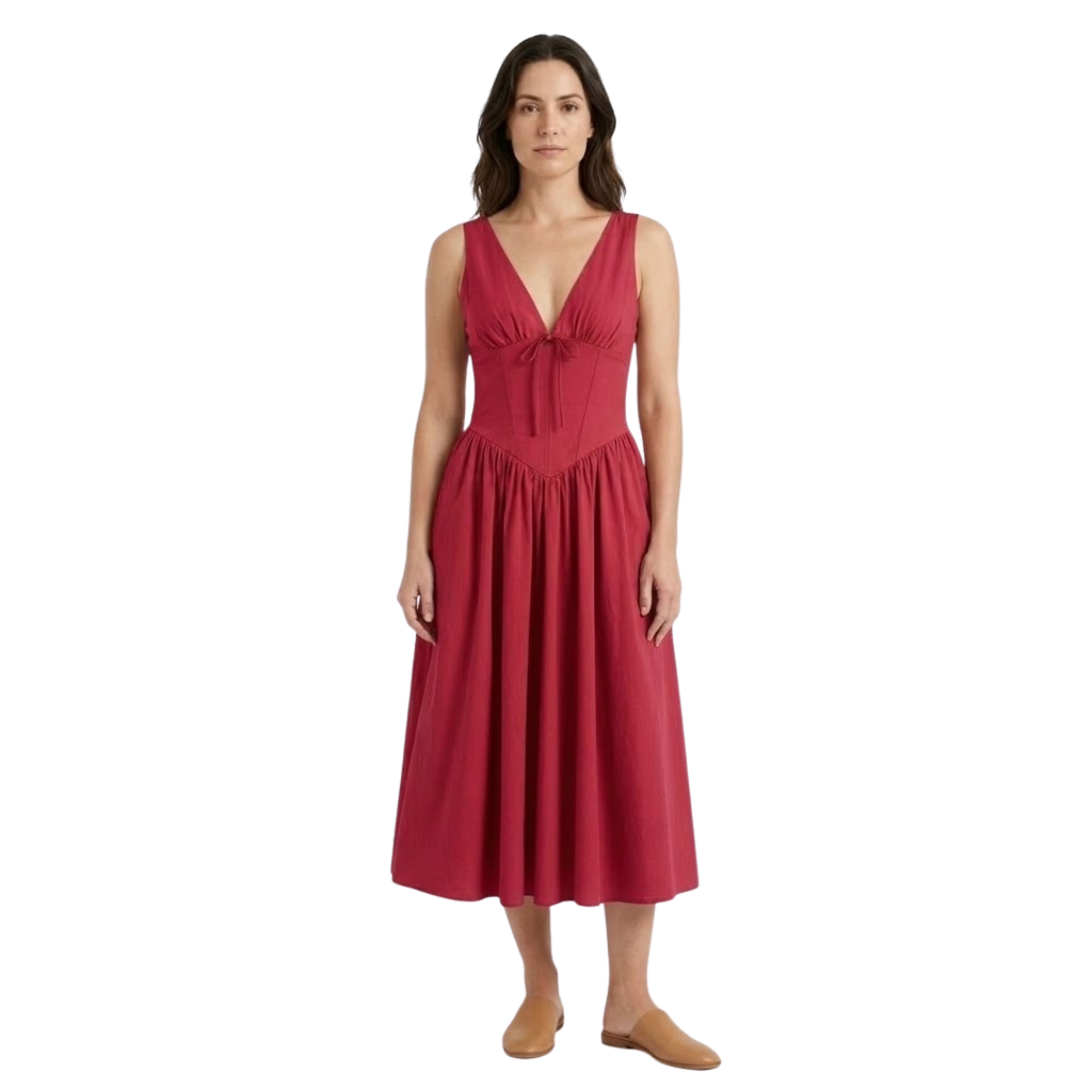 Robe midi evasê com decote em V e cintura marcada