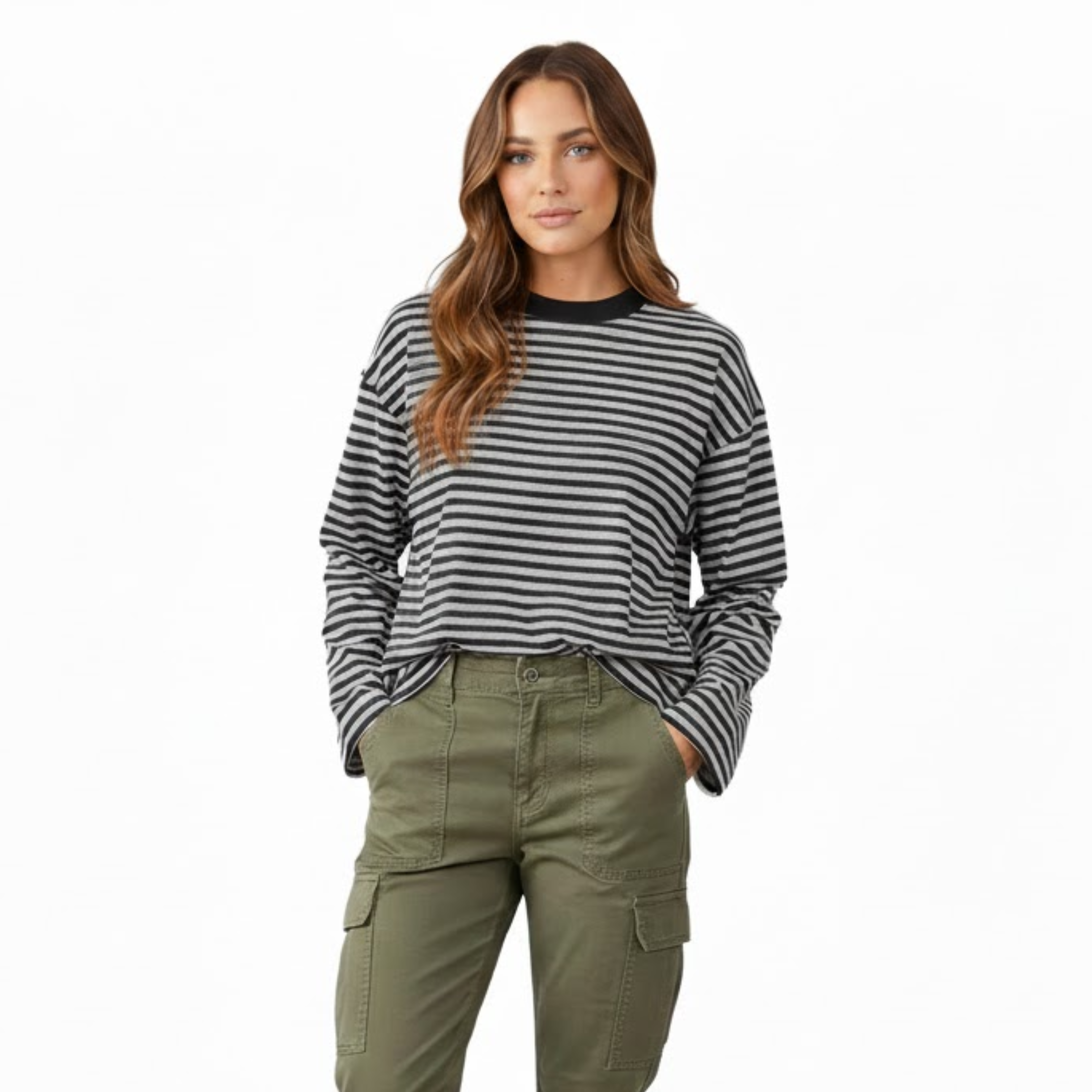 Dámske pruhované tričko s dlhým rukávom, voľného strihu, s okrúhlym výstrihom a vintage streetwear štýlom