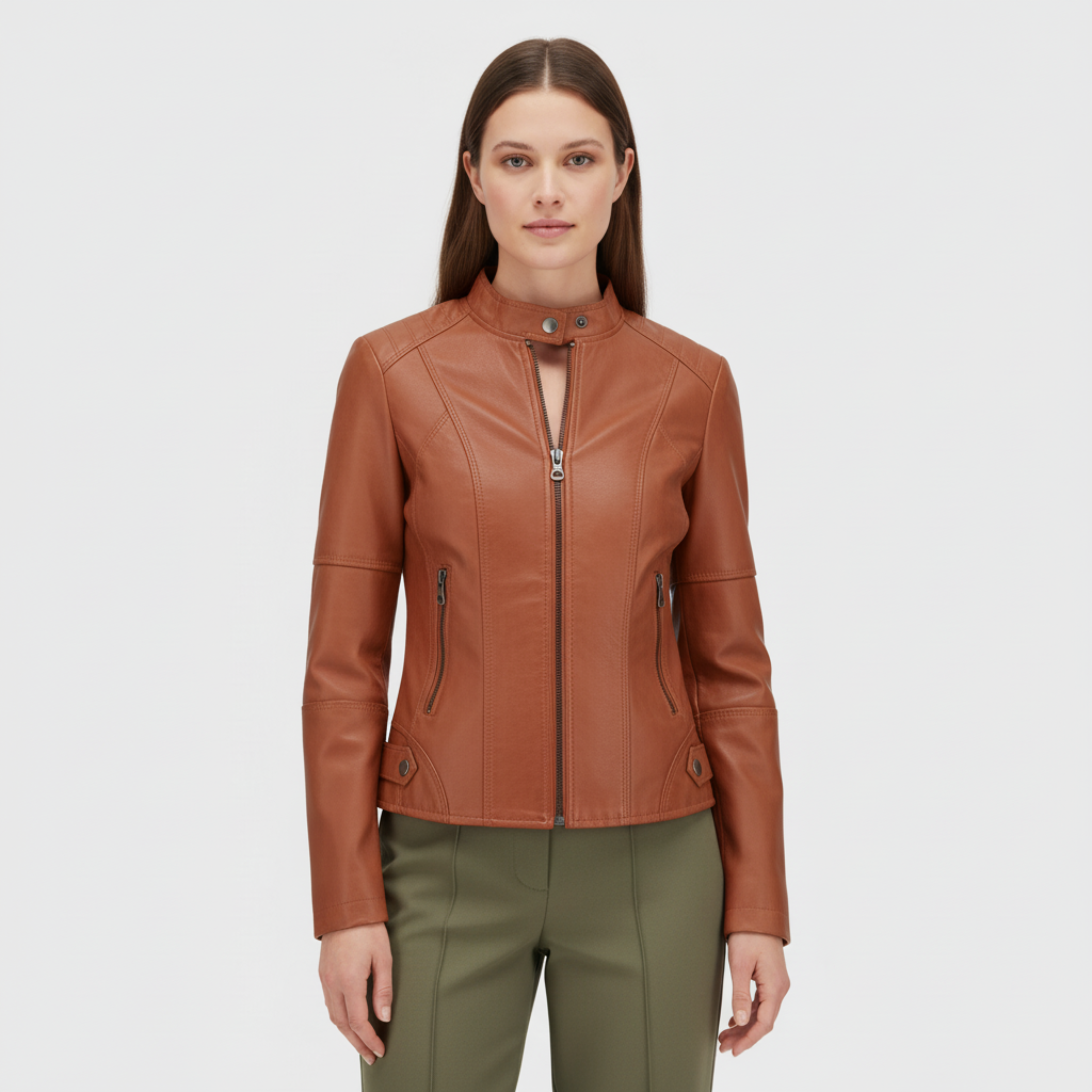 Women's Leather Jacket with Officer Collar and Zipper, Fitted Cut