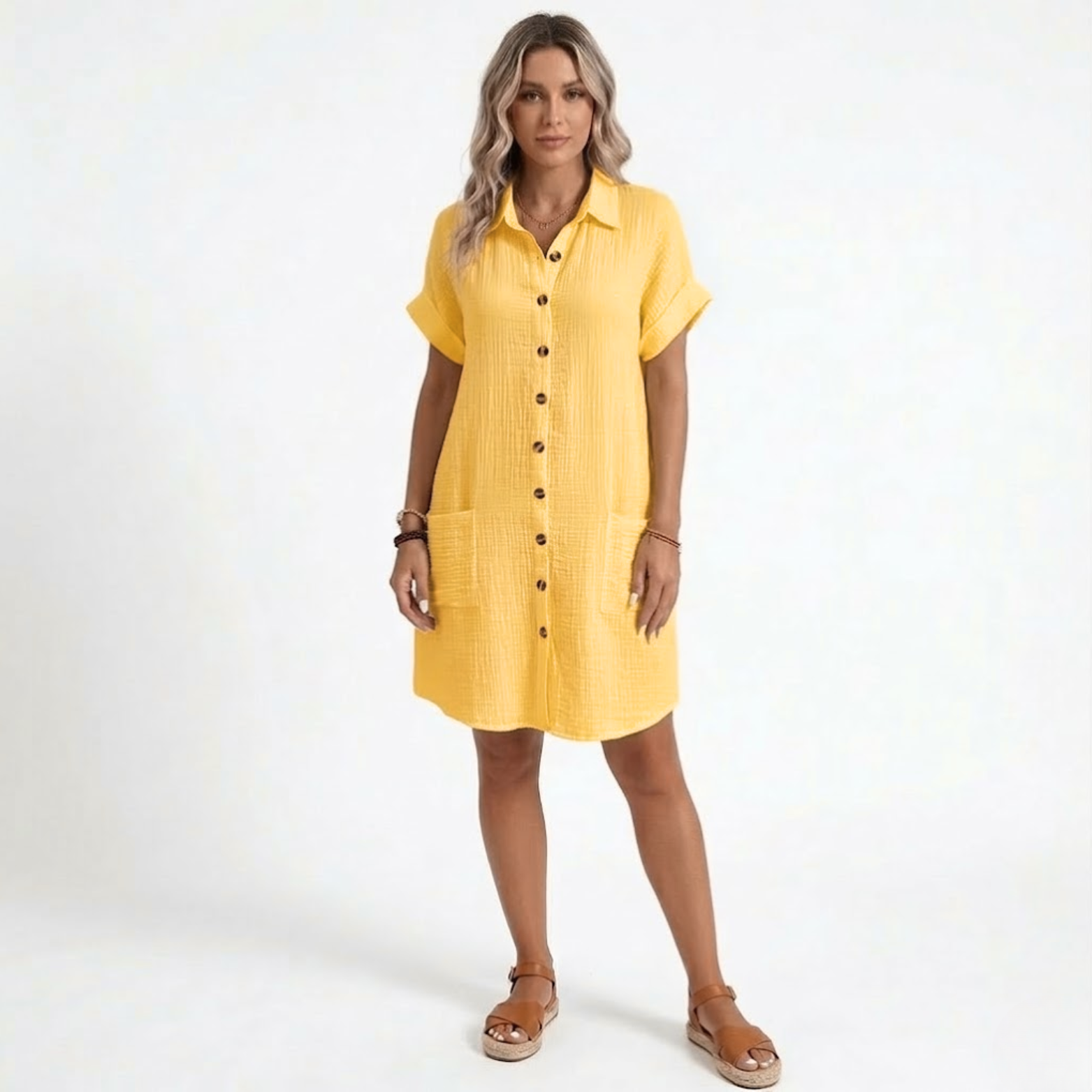 Short Cotton and Linen Dress with V-Neck and Three-Quarter Sleeves for Women