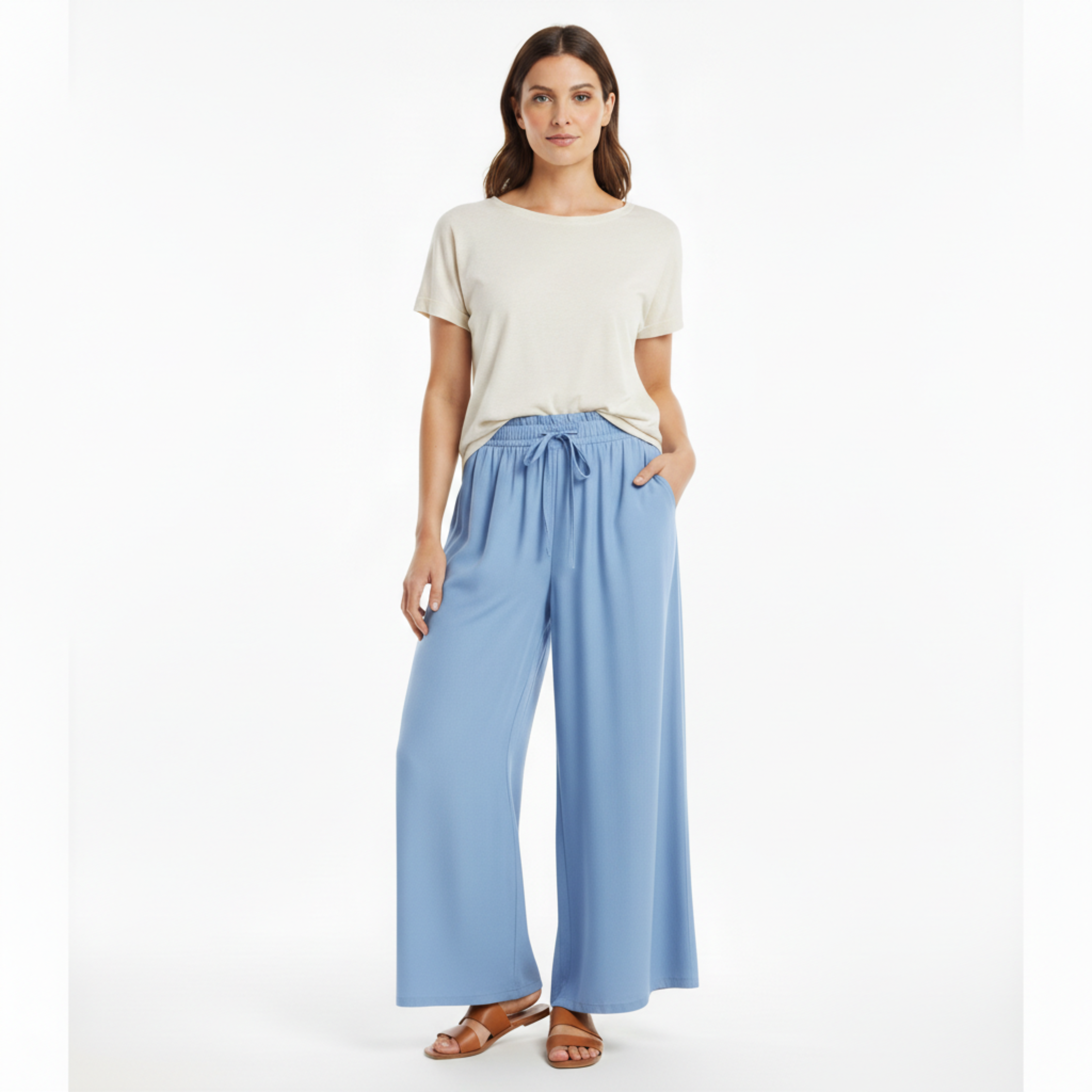 Luźne spodnie damskie z szerokimi nogawkami, elastyczną talią i kieszeniami