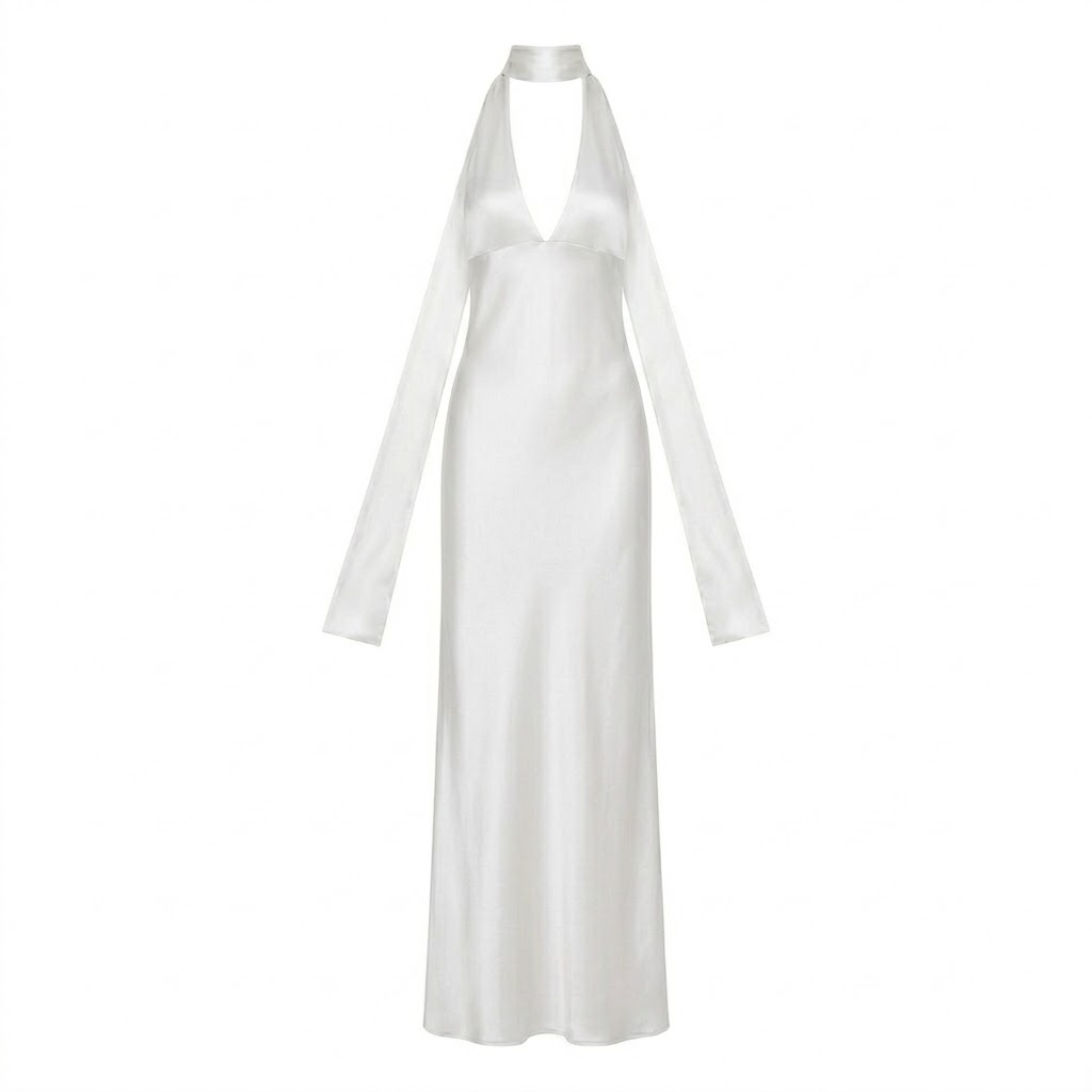 Long Evening Dress in Polyester with Deep V-Neck and Open Back for Women