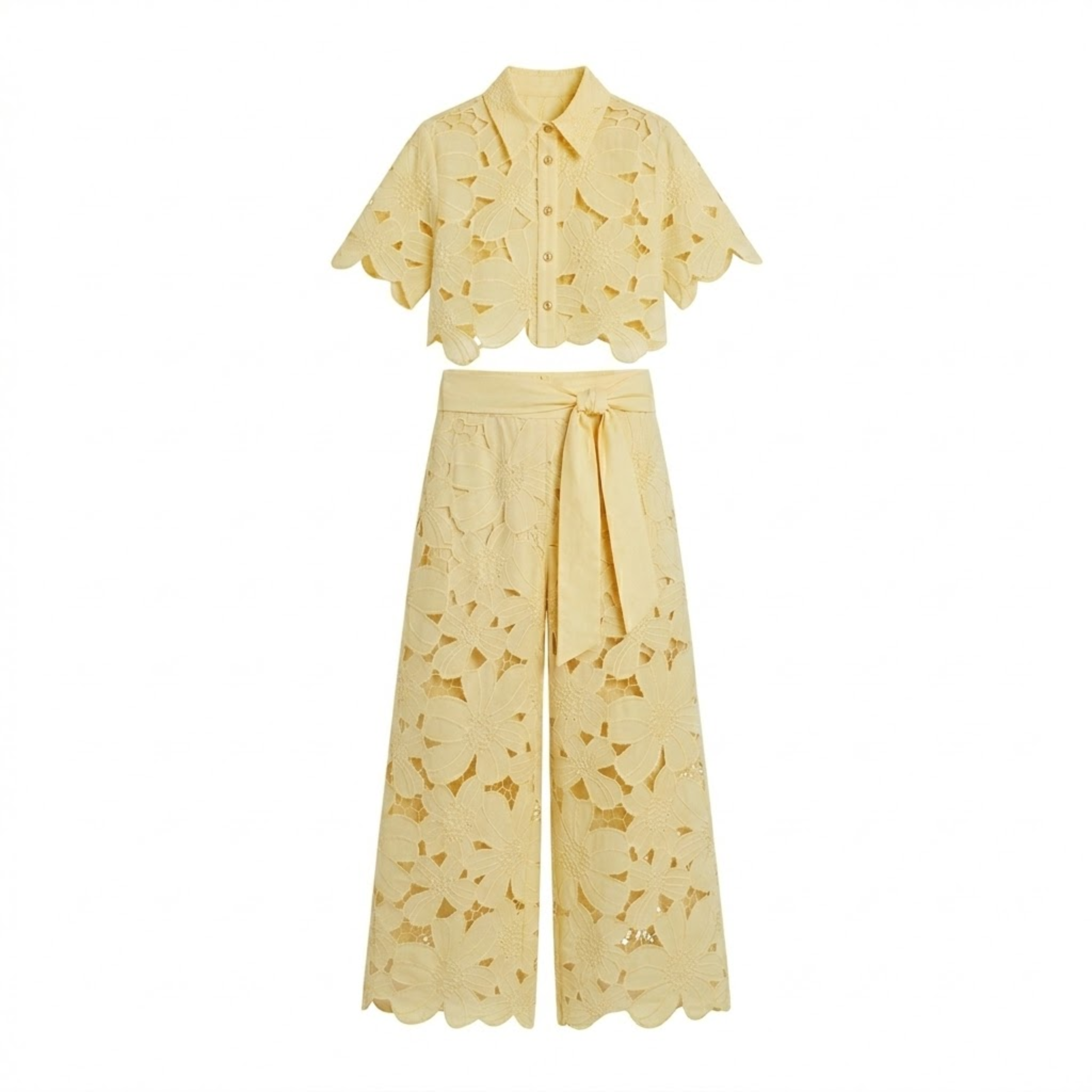 Women's Two-Piece Set with Lace Crop Top and Wide-Leg Pants