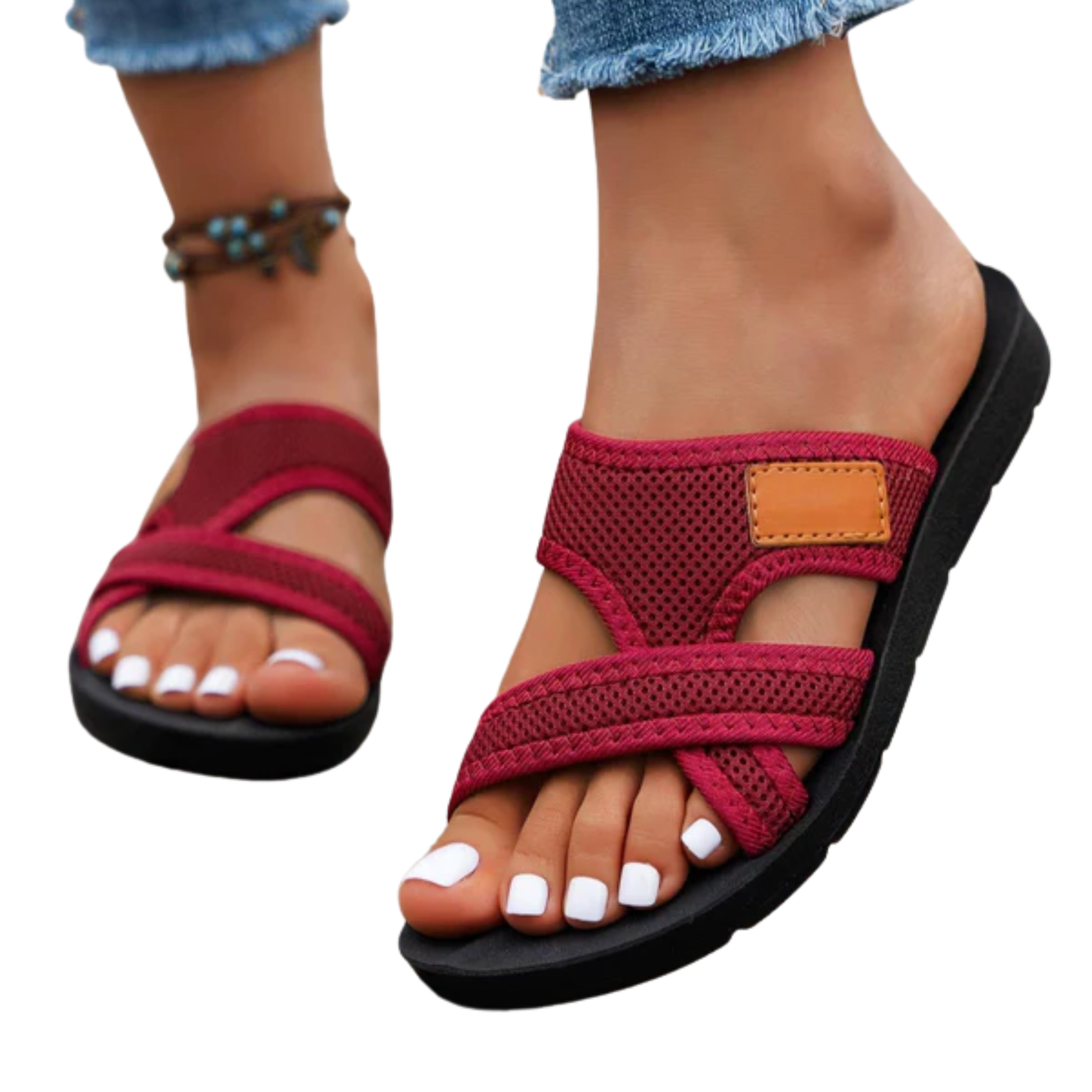 Slip-on women's sandals — breathable mesh — flat heel — beach and everyday use