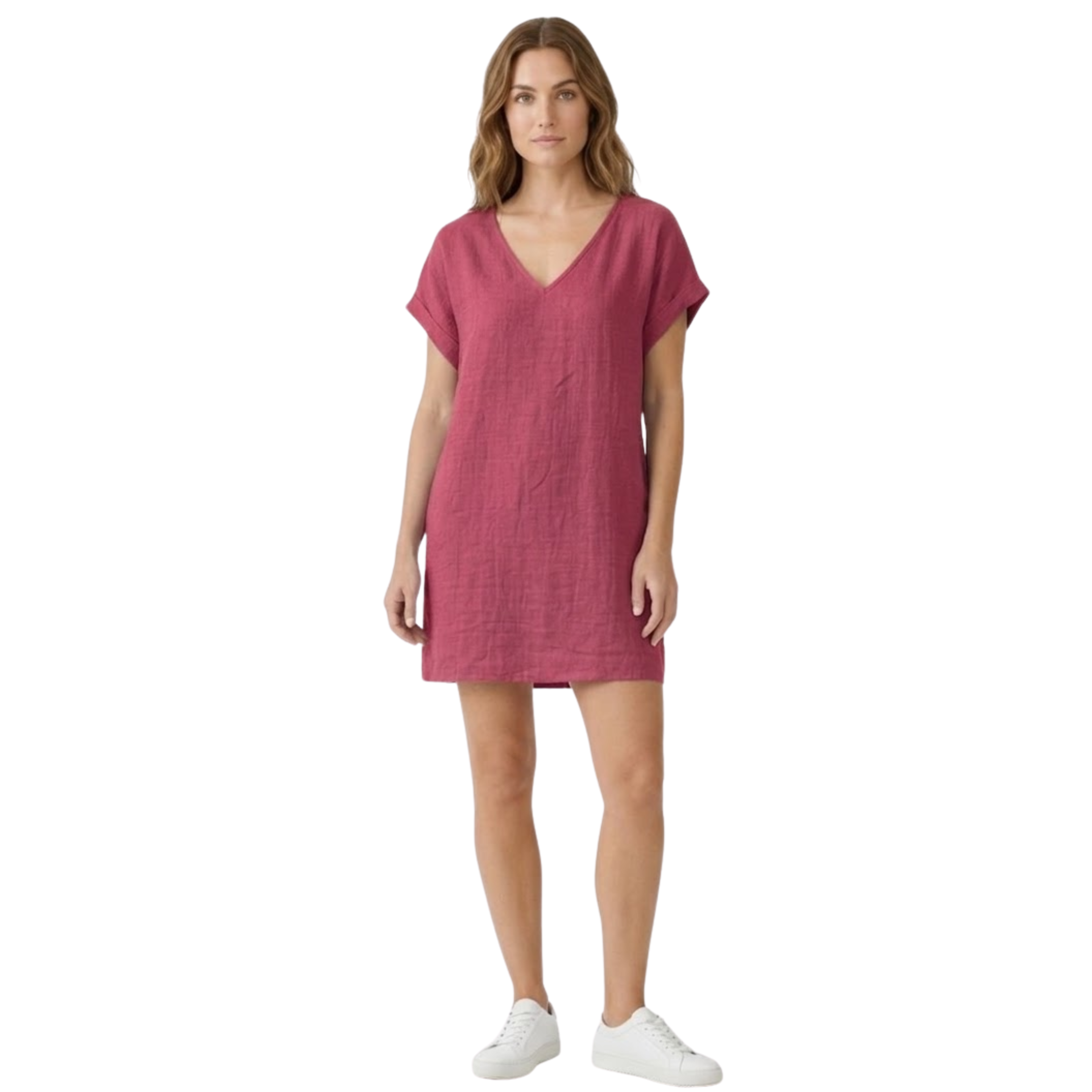 Rövid lenruha V-nyakú és felhajtott rövid ujjakkal