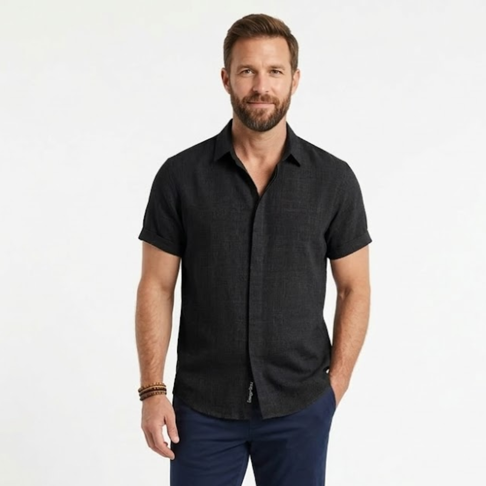 Chemise en Coton et Lin à Manches Courtes avec Col Rabattu pour Homme