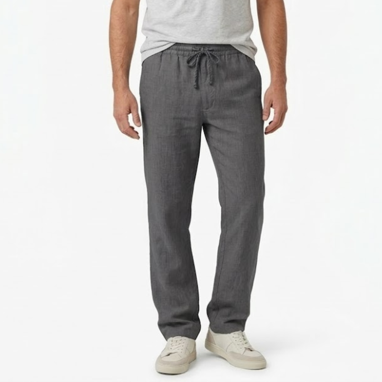 Cotton and Linen Pants for Men with Elastic Waist and Back Pockets
