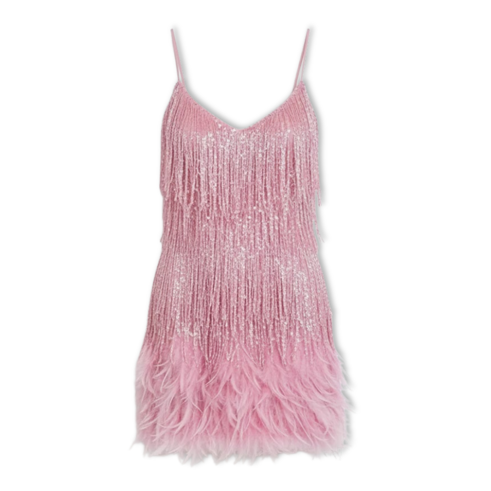 Evening gown with sequins and feathers, V-neckline, and thin straps