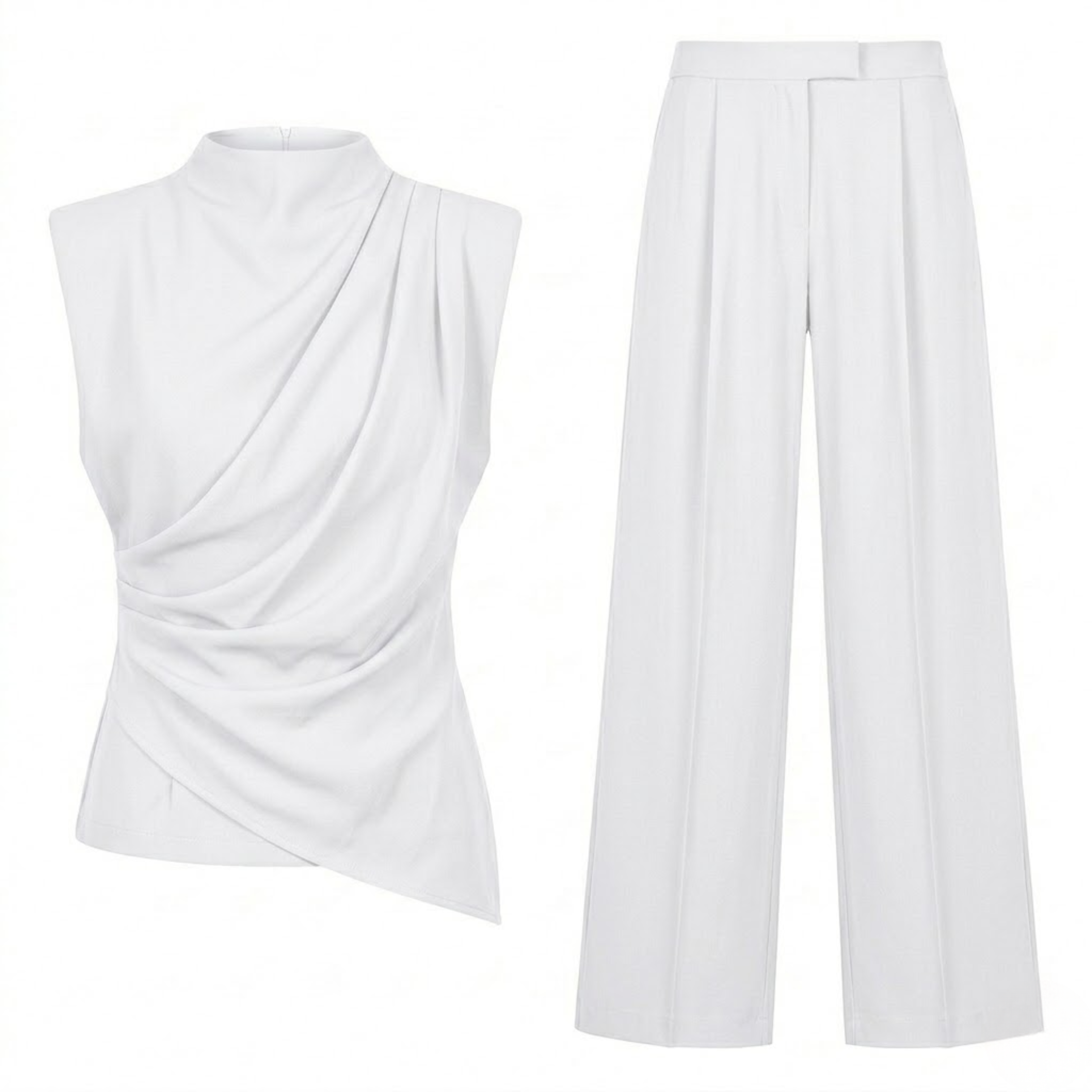 Conjunto de dos piezas para mujer con top sin mangas drapeado y pantalón ancho fluido