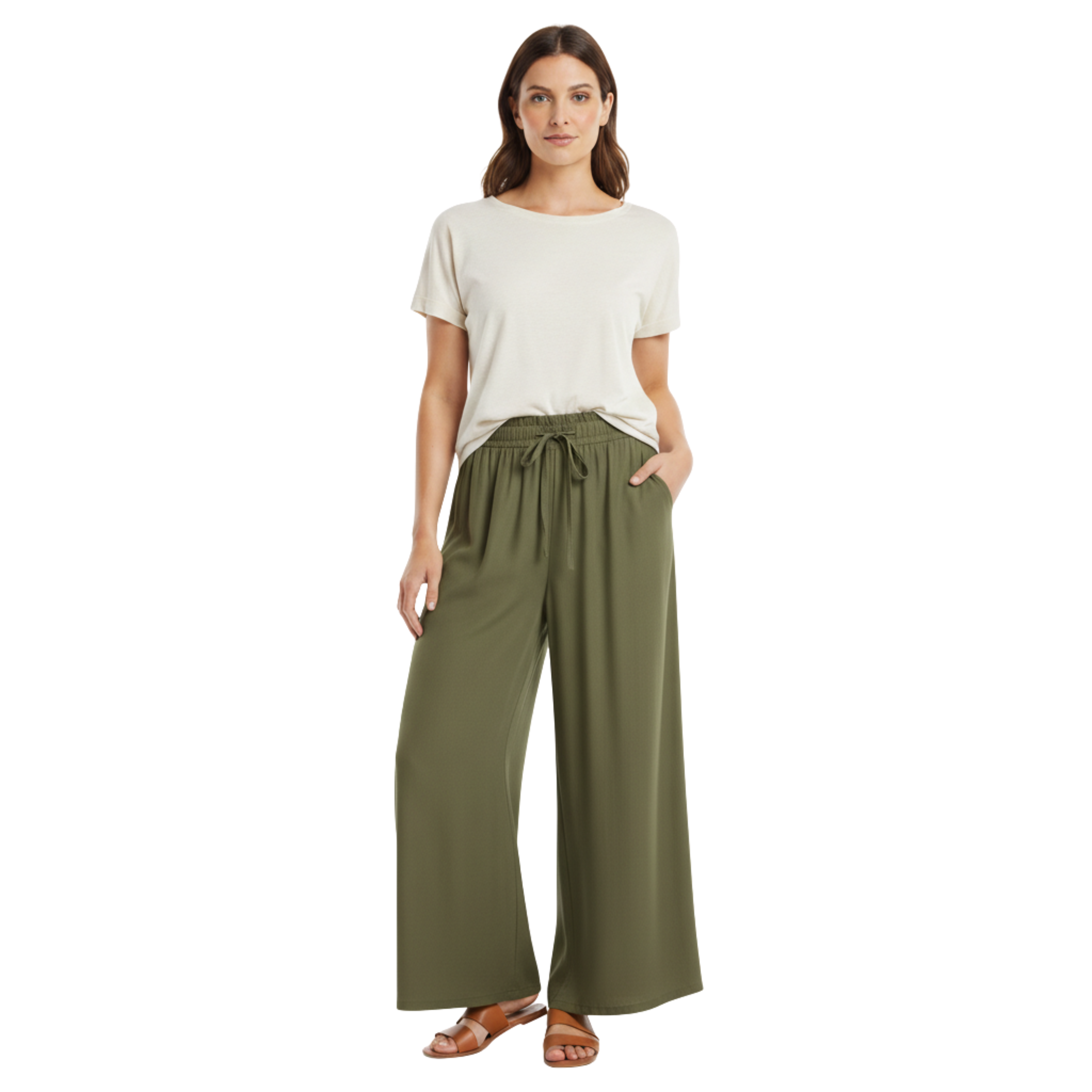 Luźne spodnie damskie z szerokimi nogawkami, elastyczną talią i kieszeniami