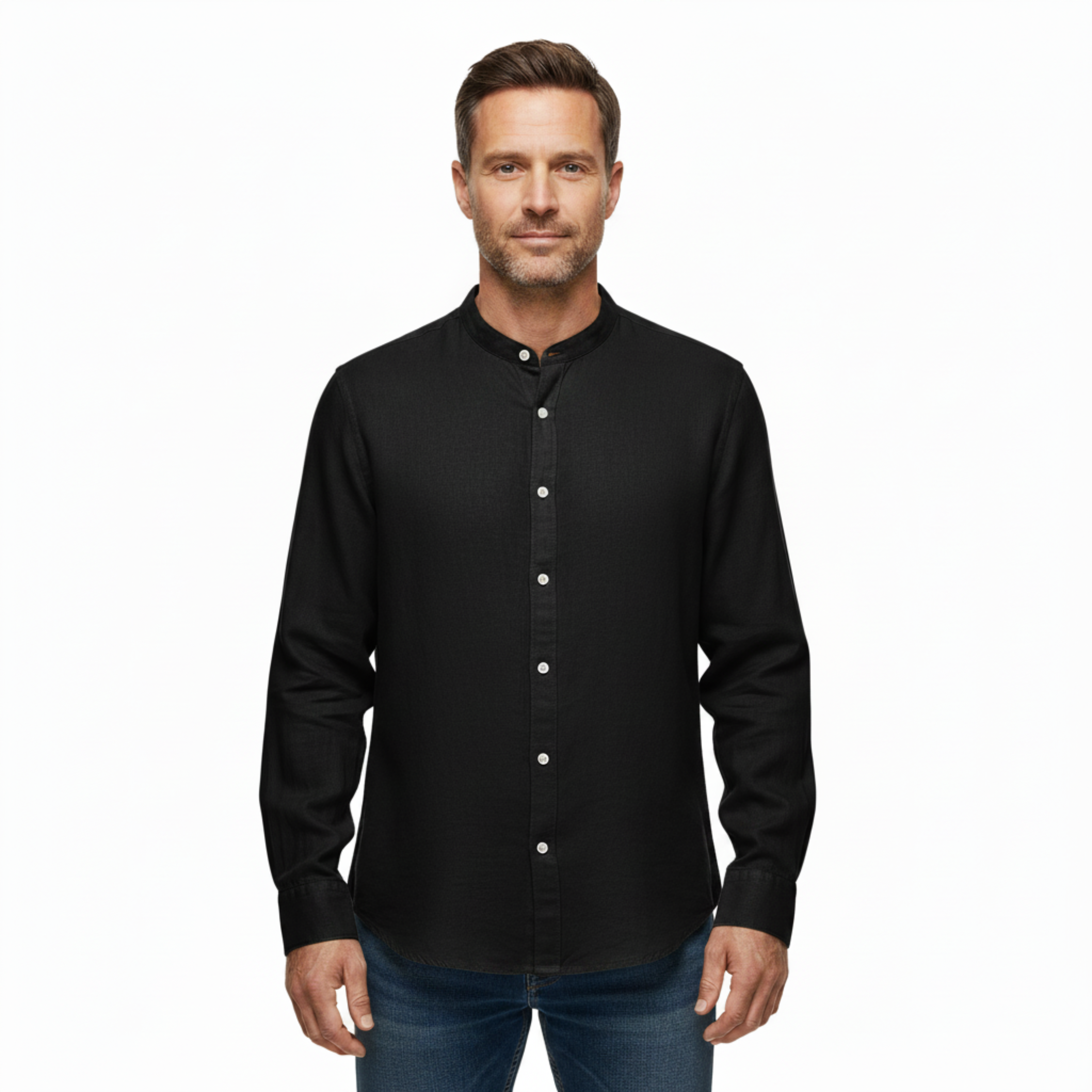 Camisa de lino para hombre con cuello clásico y mangas largas ajustables