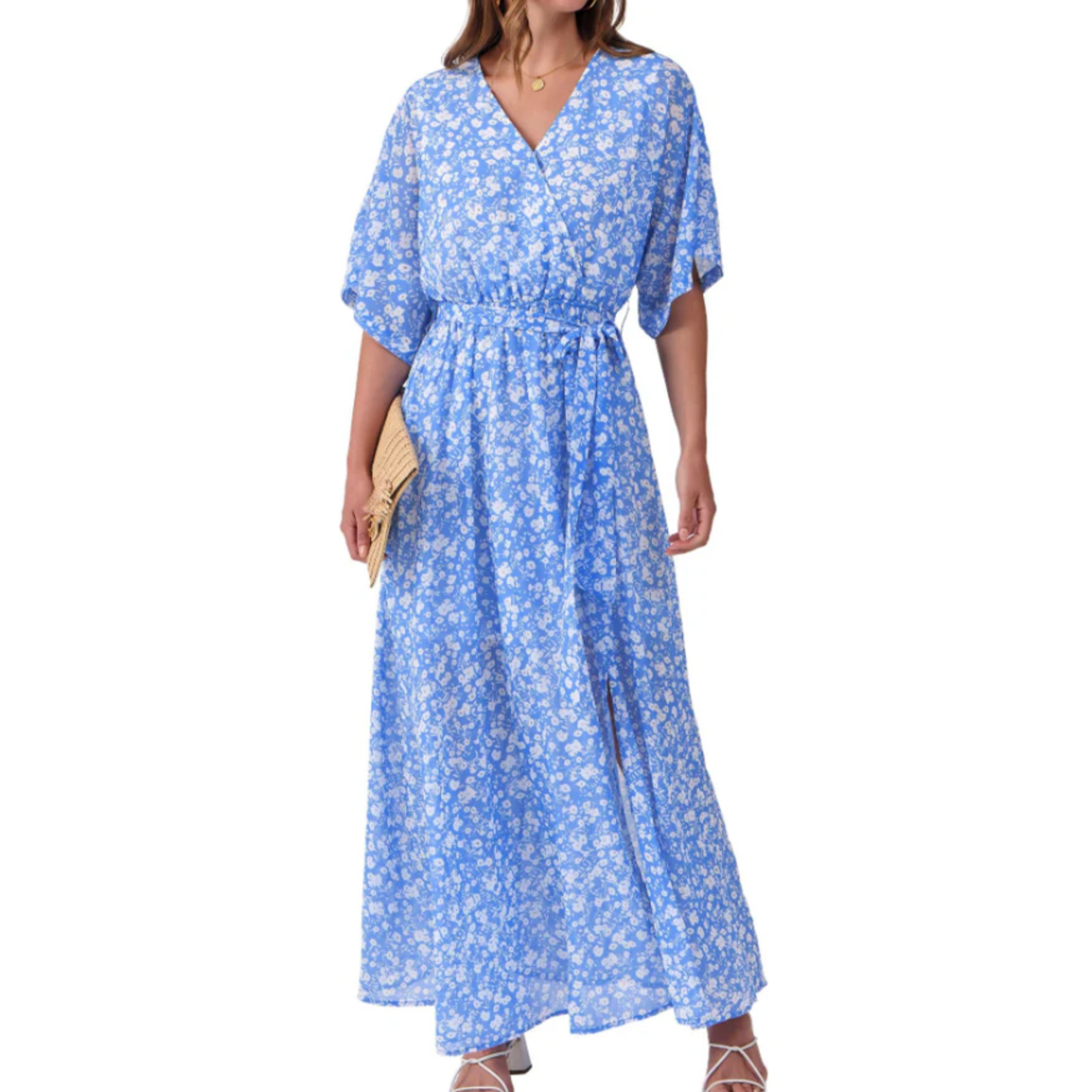 Maxi kimono kjole med blomster — boheme stil — sommerferie