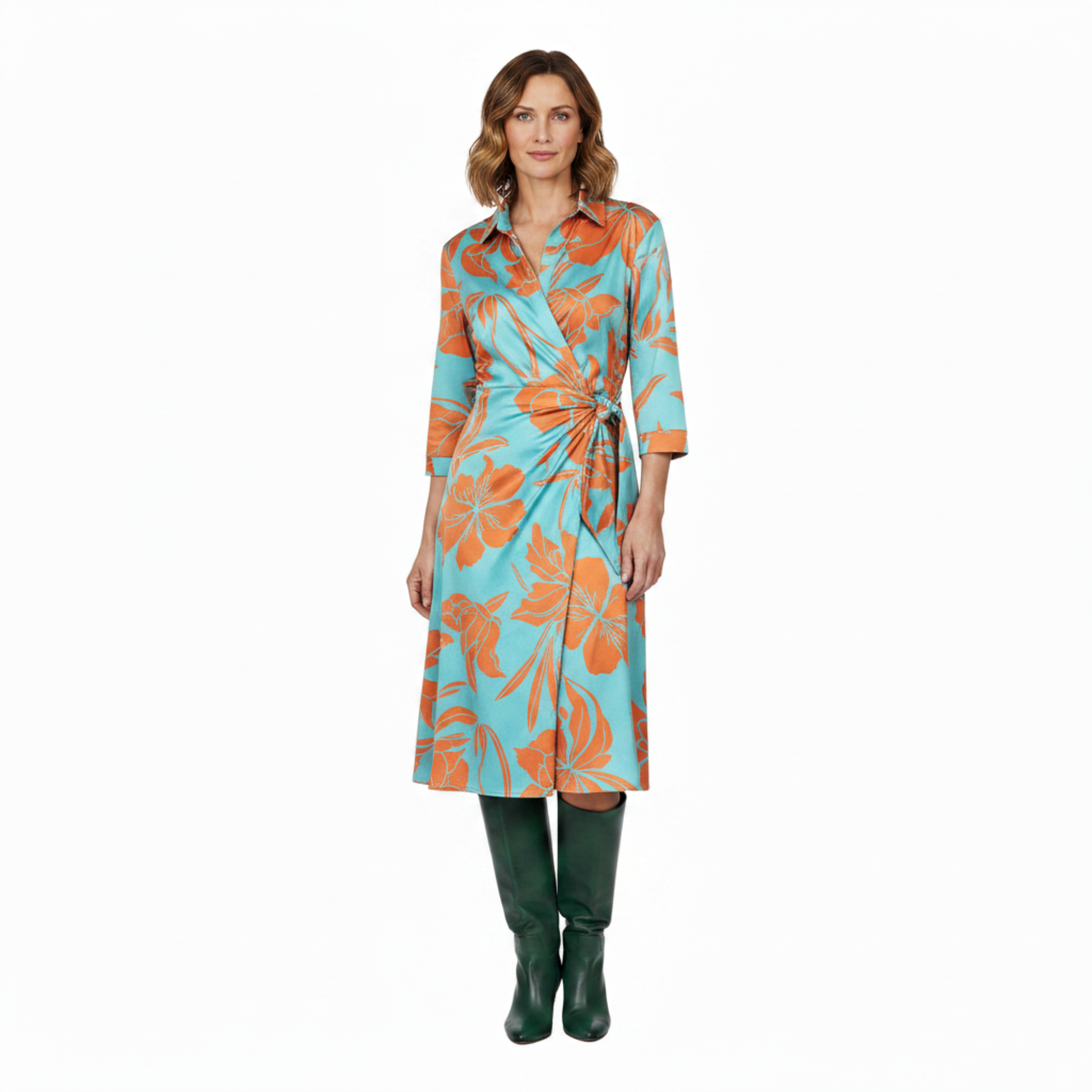 Robe Midi Envelope para Mulher com Estampa Artística e Gola de Camisa