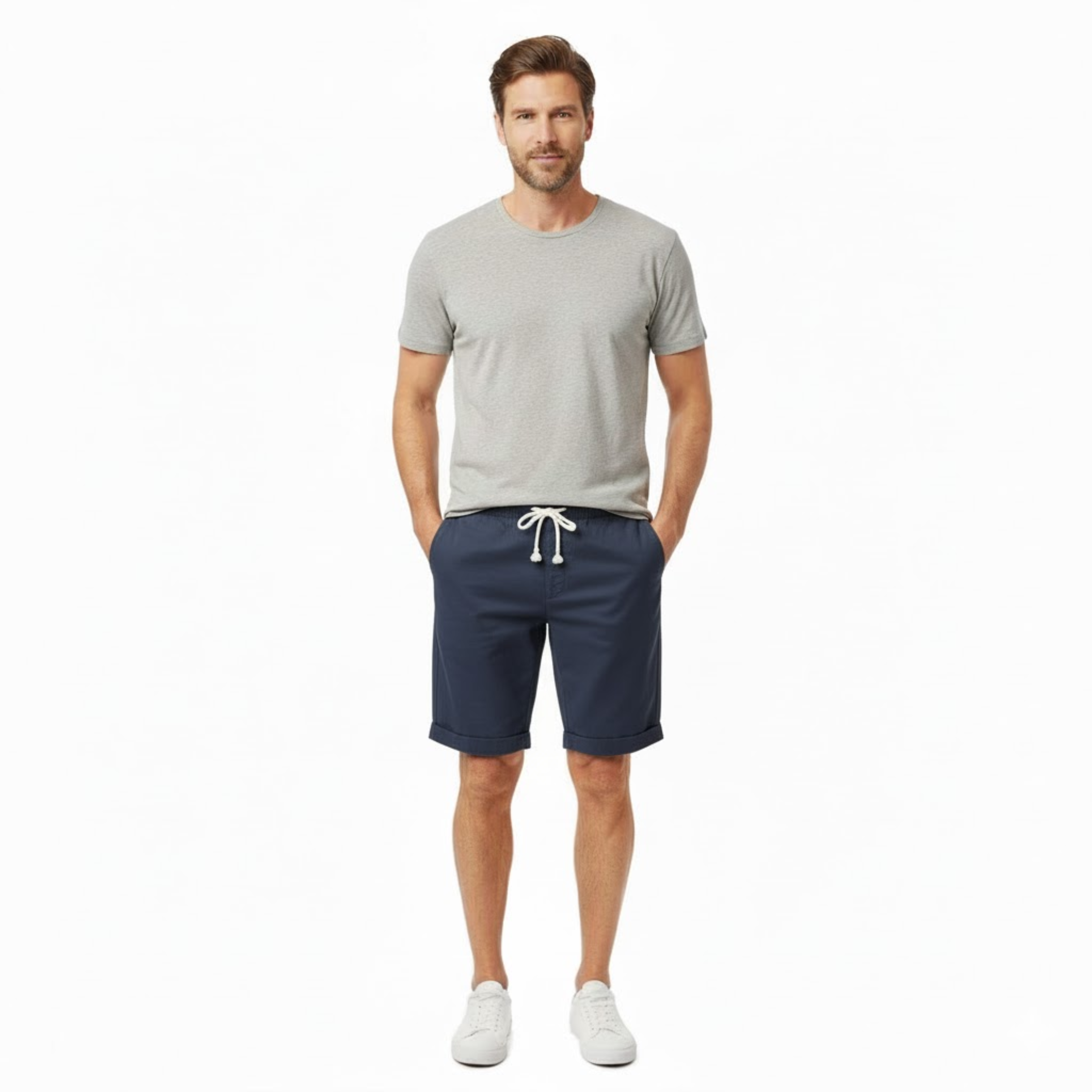 Shorts für Herren aus 100 % Leinen mit elastischem Bund und Kordelzug, gerade geschnitten