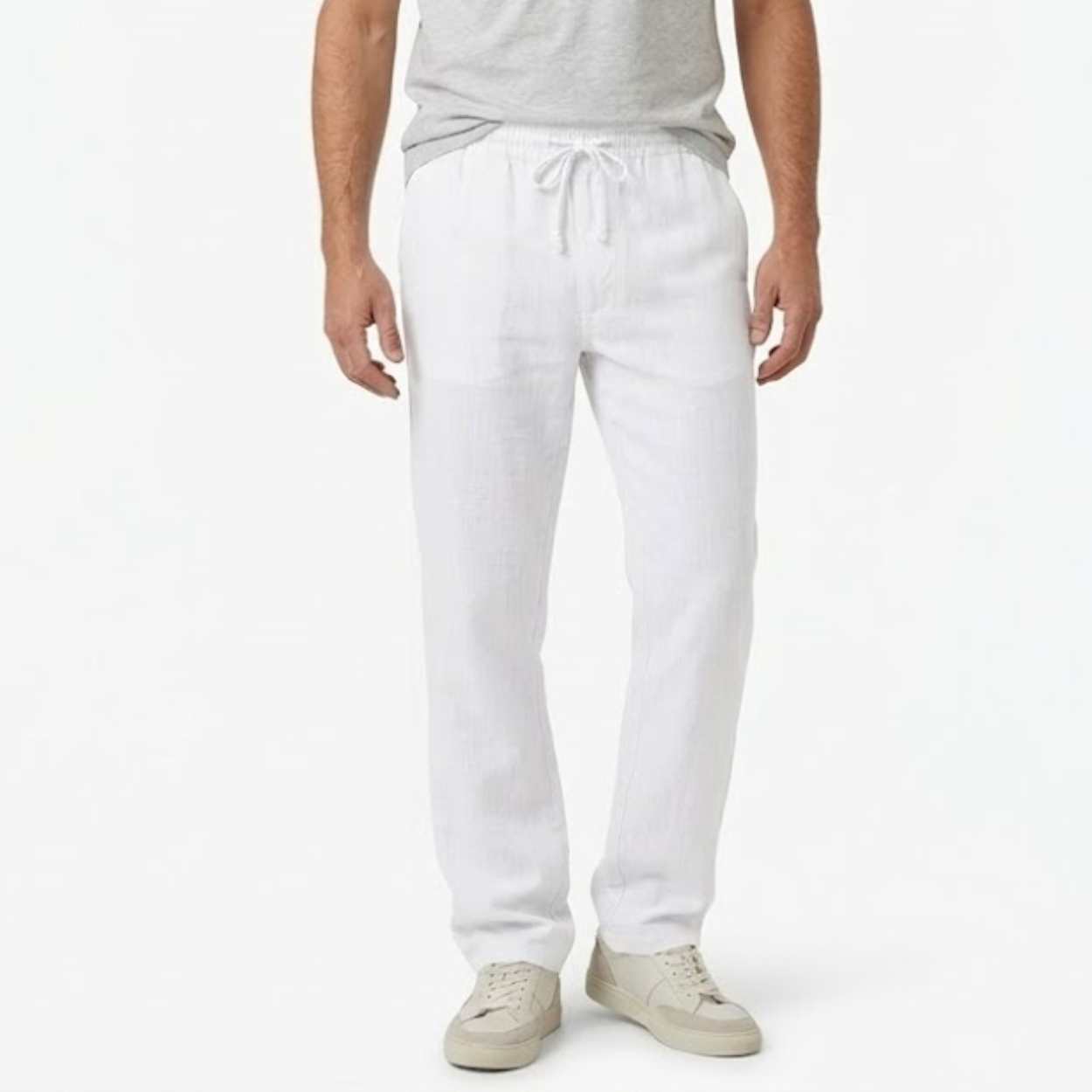 Cotton and Linen Pants for Men with Elastic Waist and Back Pockets