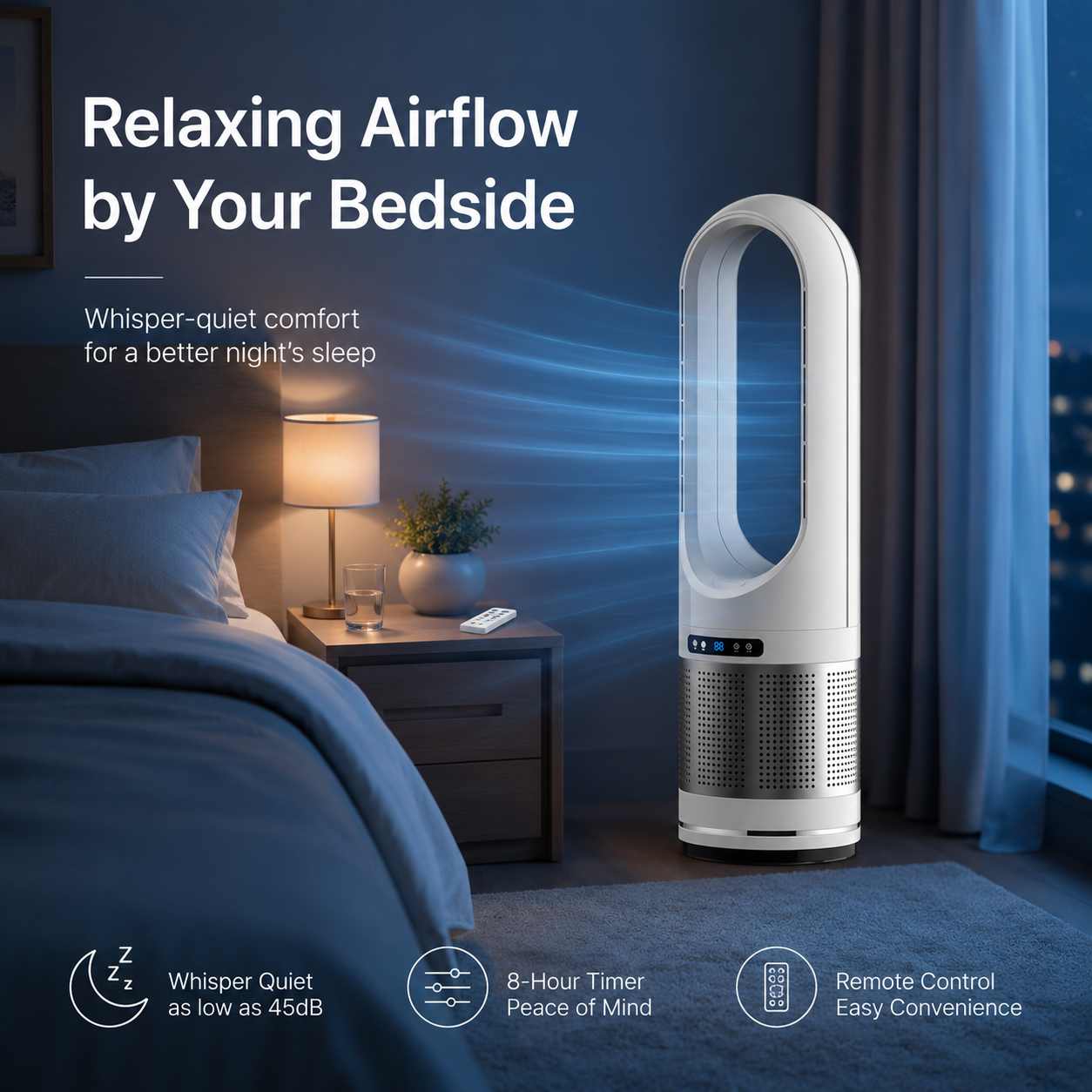 Ventilador de columna sin aspas con control remoto y oscilación