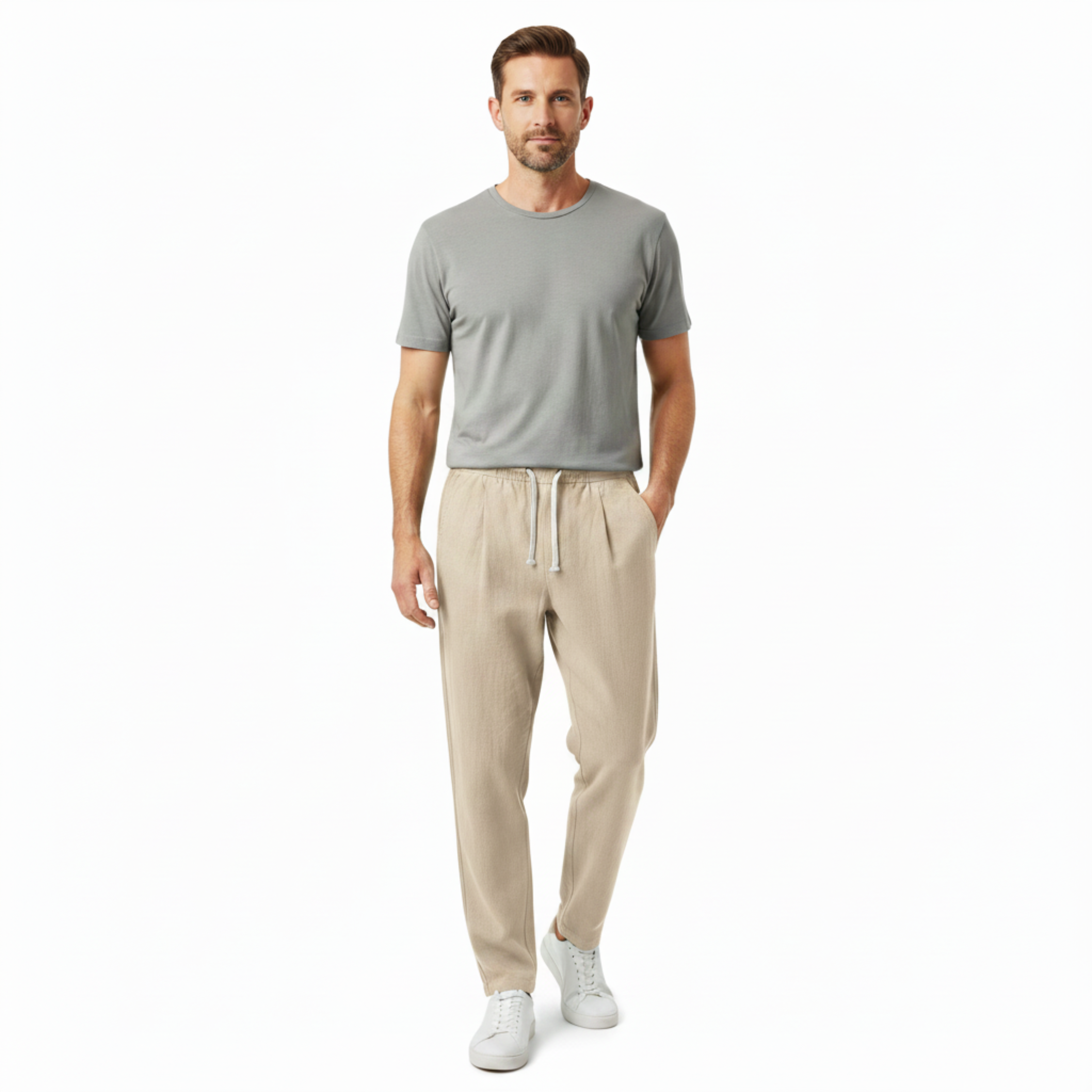 Men's Linen Capri Pants Relaxed Tapered Fit with Elastic Waistband