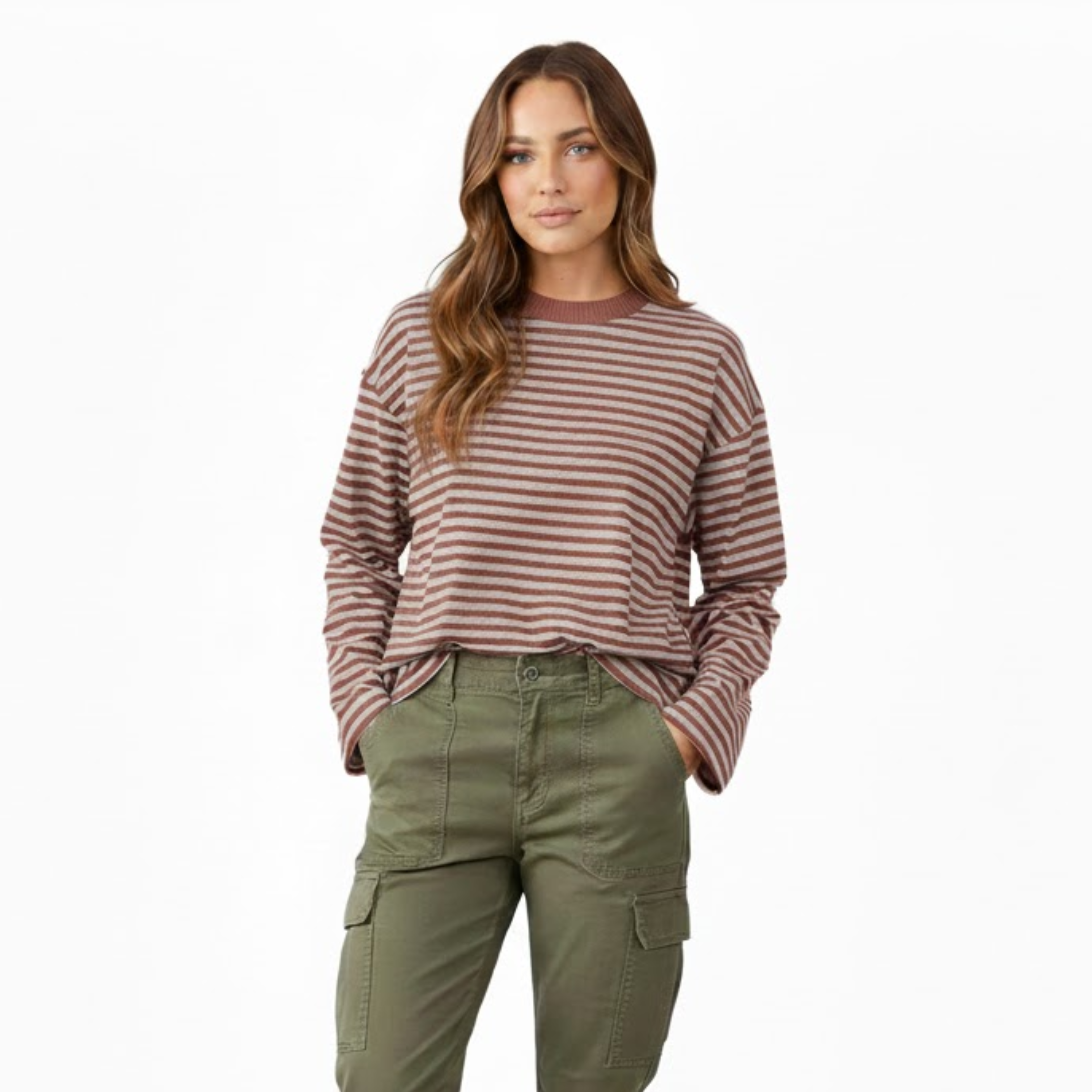 Dámske pruhované tričko s dlhým rukávom, voľného strihu, s okrúhlym výstrihom a vintage streetwear štýlom